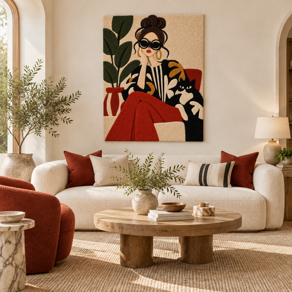 Wall art titled The Cat-Lover's Pause by Hewn Earth featuring a cozy cat scene in a stylish room setting.
