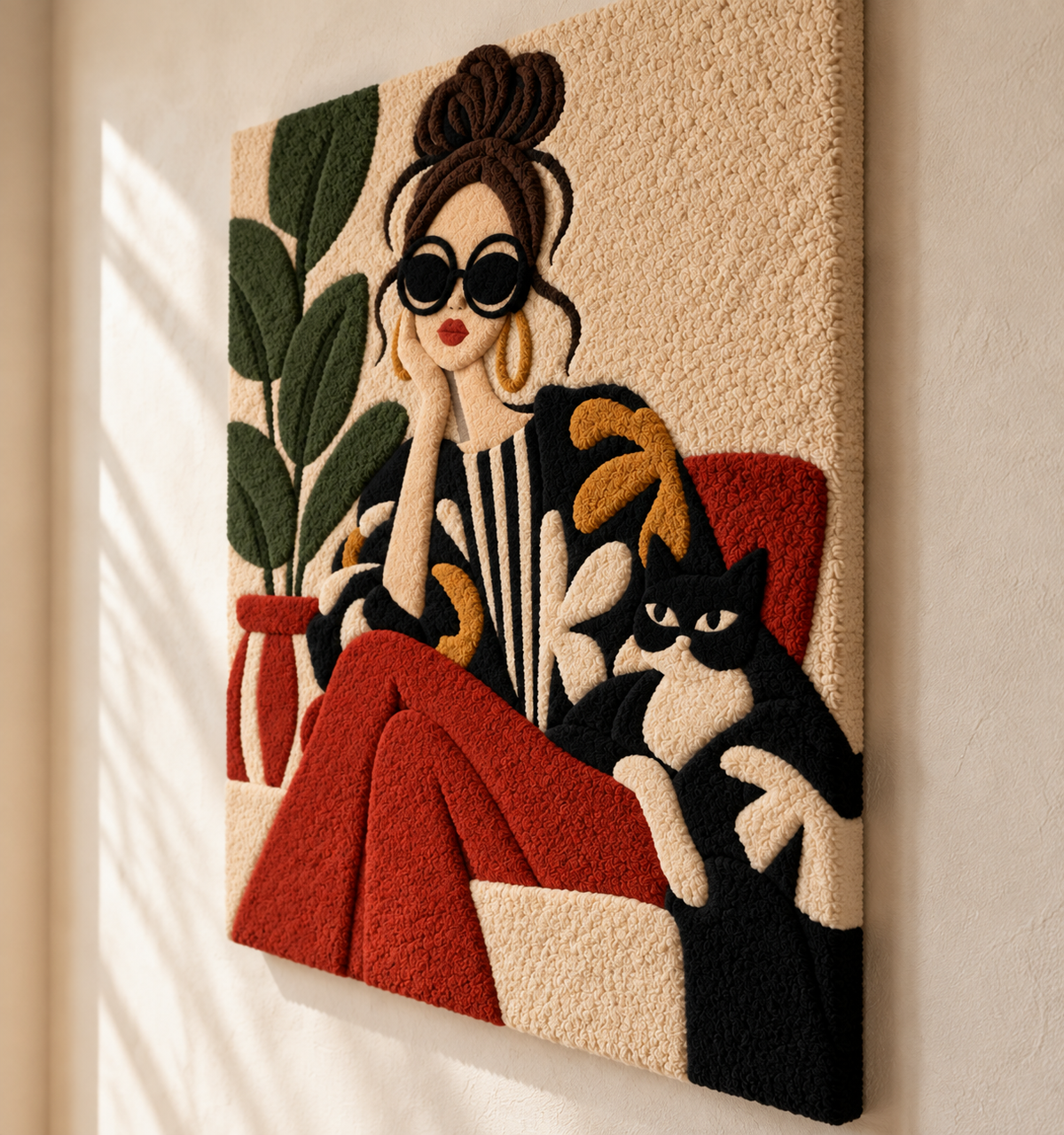 Hewn Earth wall art titled "The Cat-Lover's Pause" featuring a peaceful cat sitting on a windowsill, framed in natural wood.