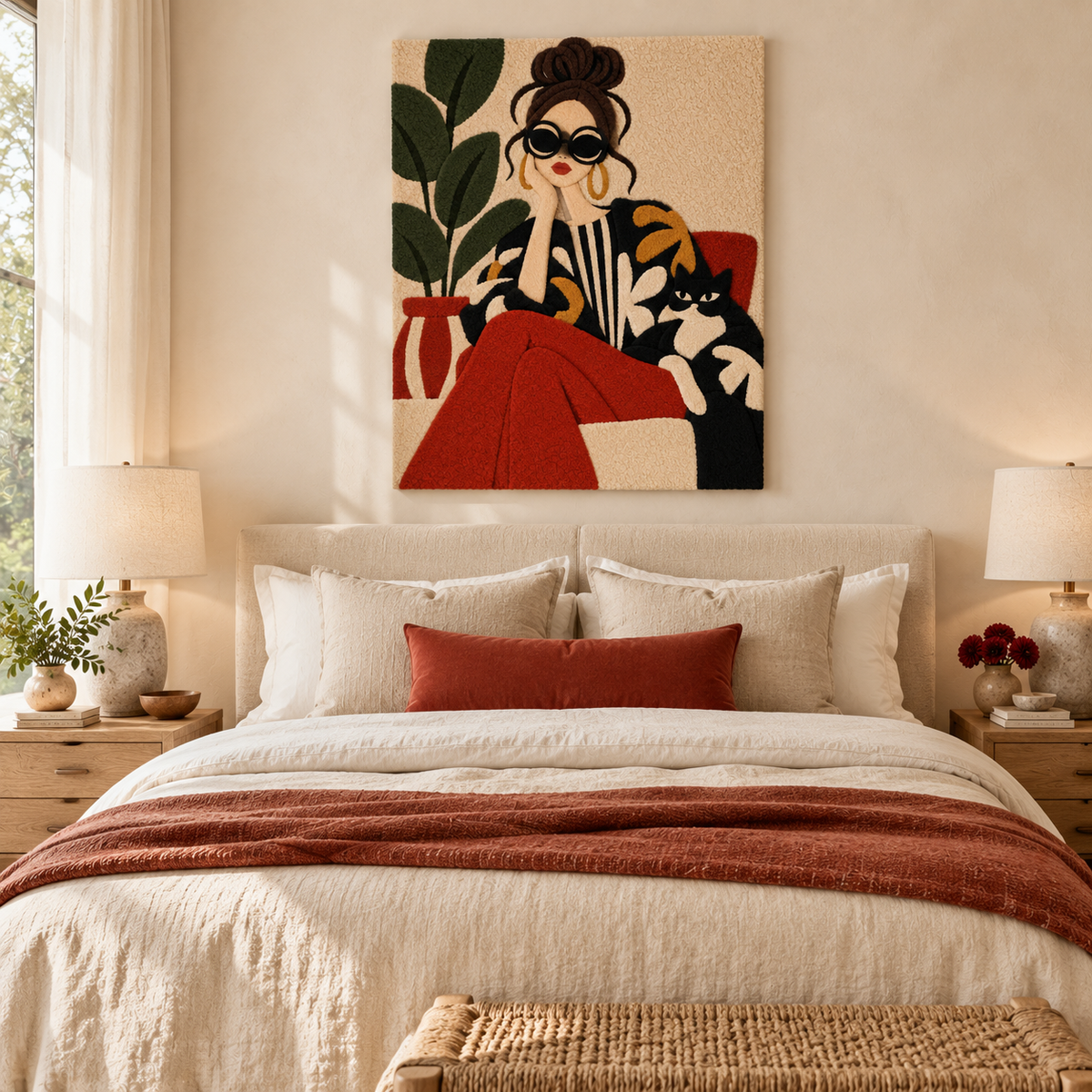 Wall art titled "The Cat-Lover's Pause" by Hewn Earth featuring a serene cat sitting peacefully on a decorative background.
