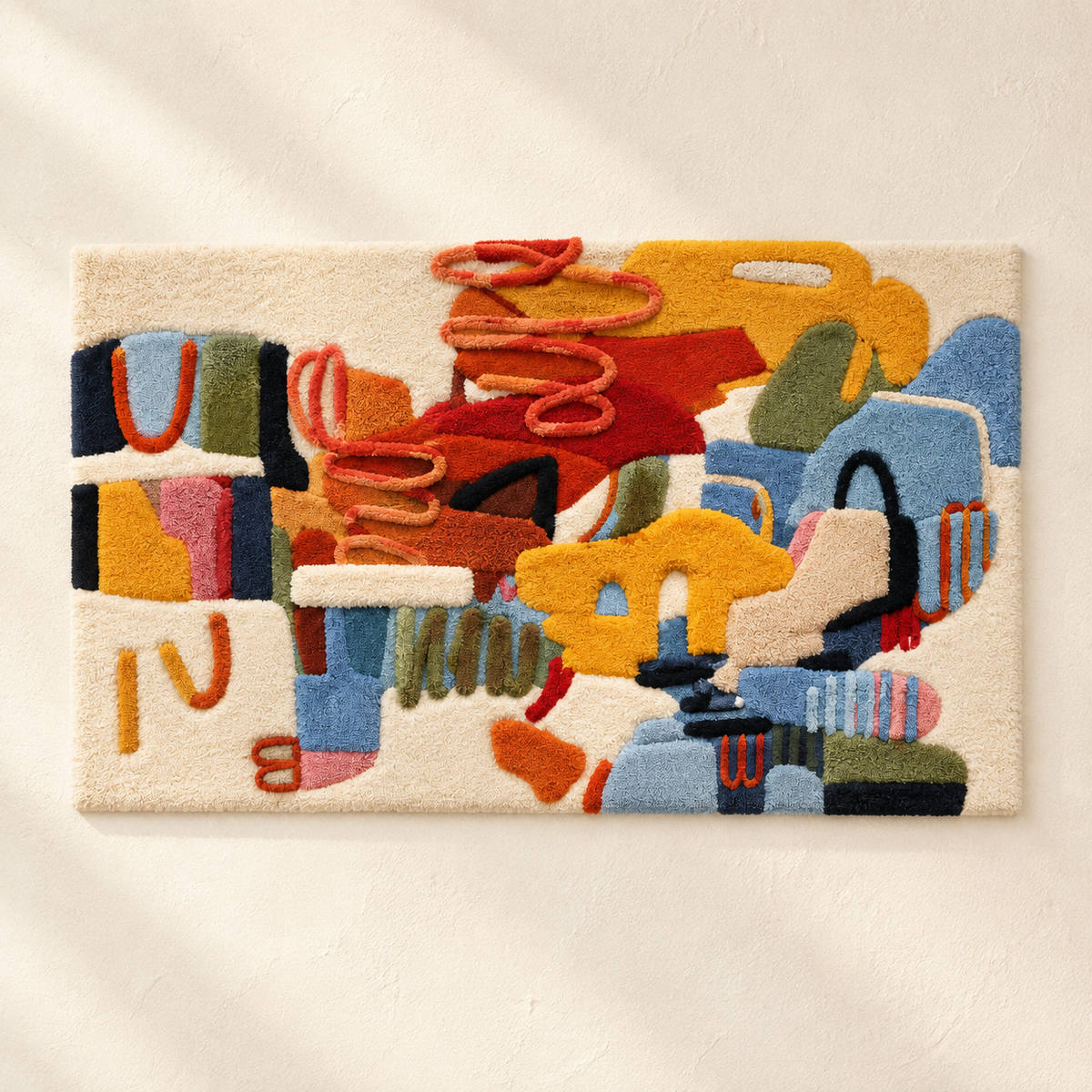 Colorful pottery wall art shelf by Hewn Earth featuring vibrant ceramic pots displayed on a rustic wooden shelf.