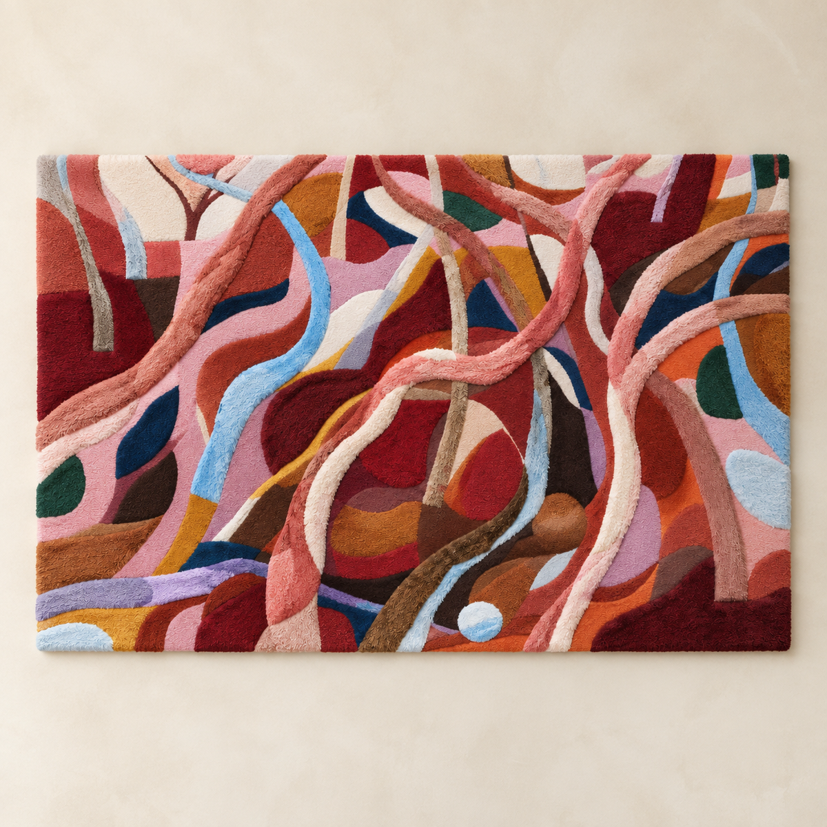 Hewn Earth Coral Ribbon Tangle wall art featuring intertwined coral-colored ribbons on a neutral background.