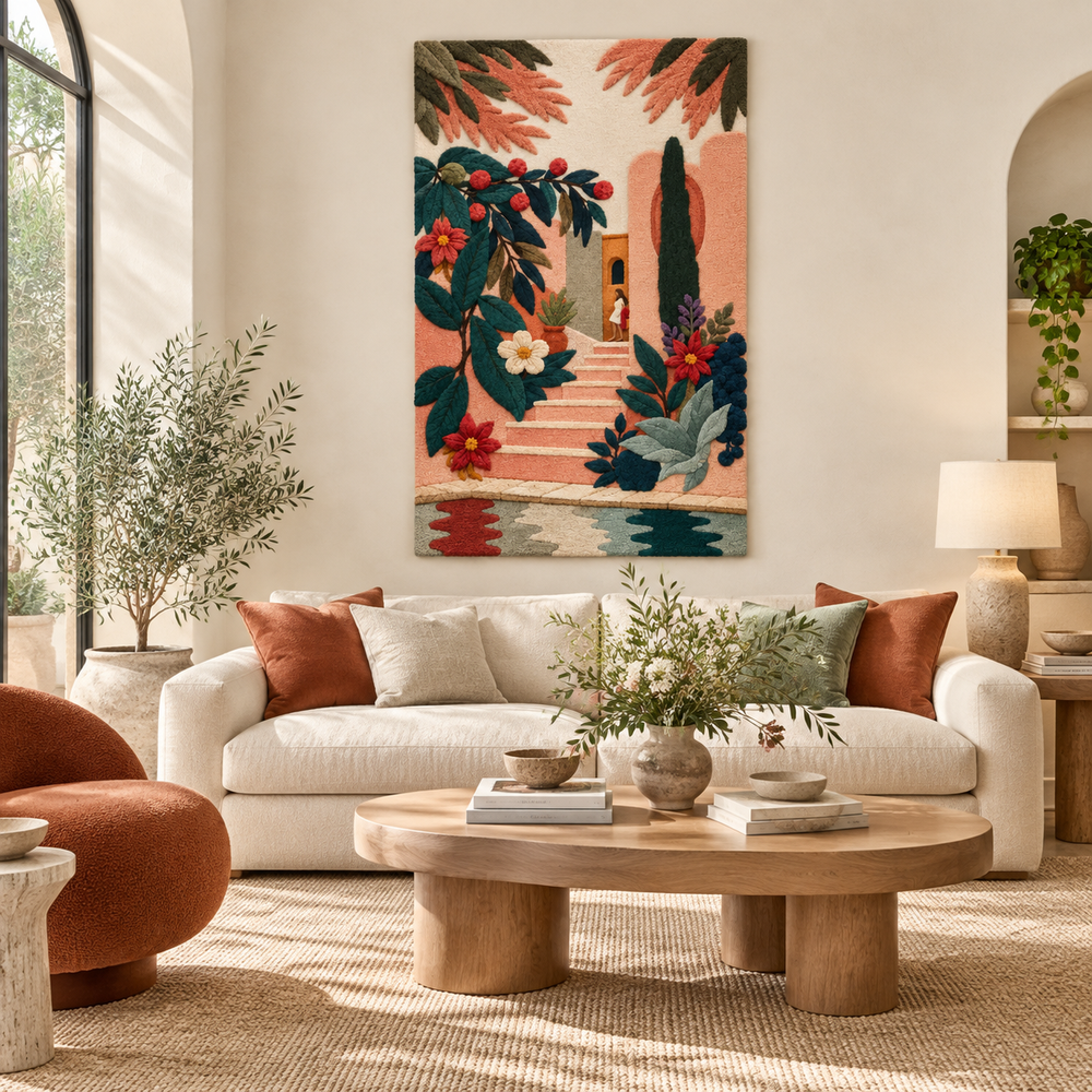 Hewn Earth wall art titled "The Flowered Courtyard" featuring vibrant floral courtyard scene in a room setting.