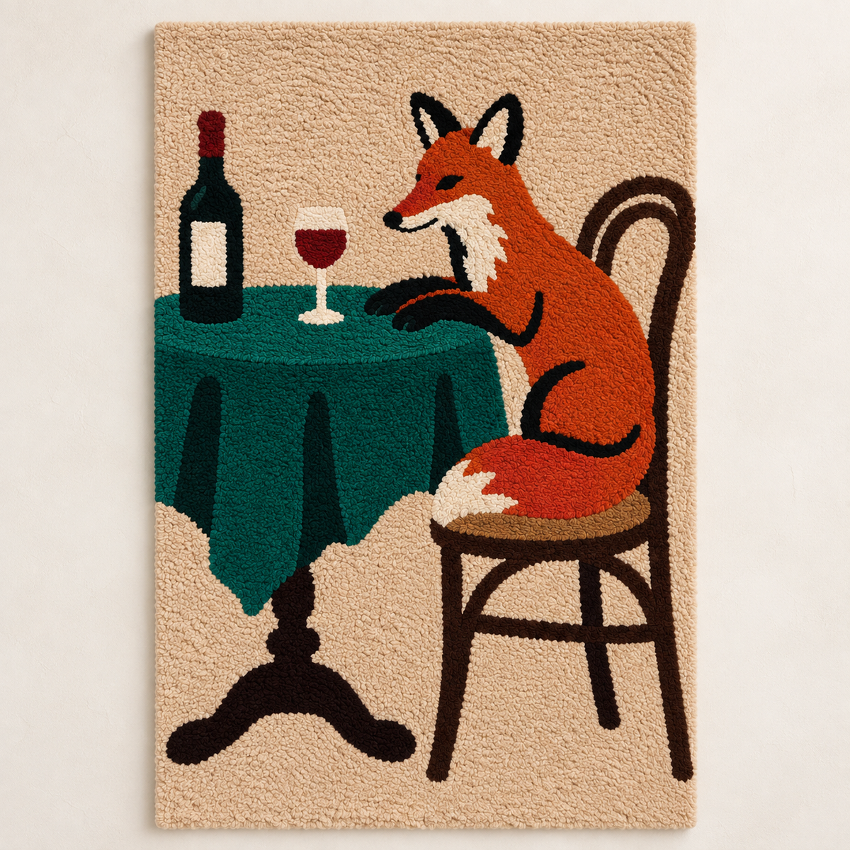 Hewn Earth wall art titled "The Fox Takes a Table" featuring a detailed illustration of a fox sitting at a table.
