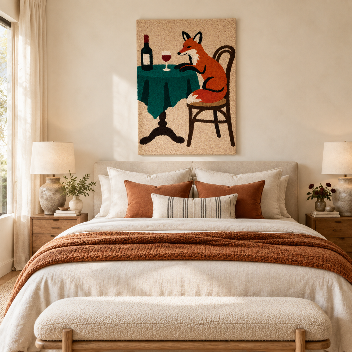 Hewn Earth wall art titled "The Fox Takes a Table" featuring a detailed illustration of a fox at a table in a cozy room scene