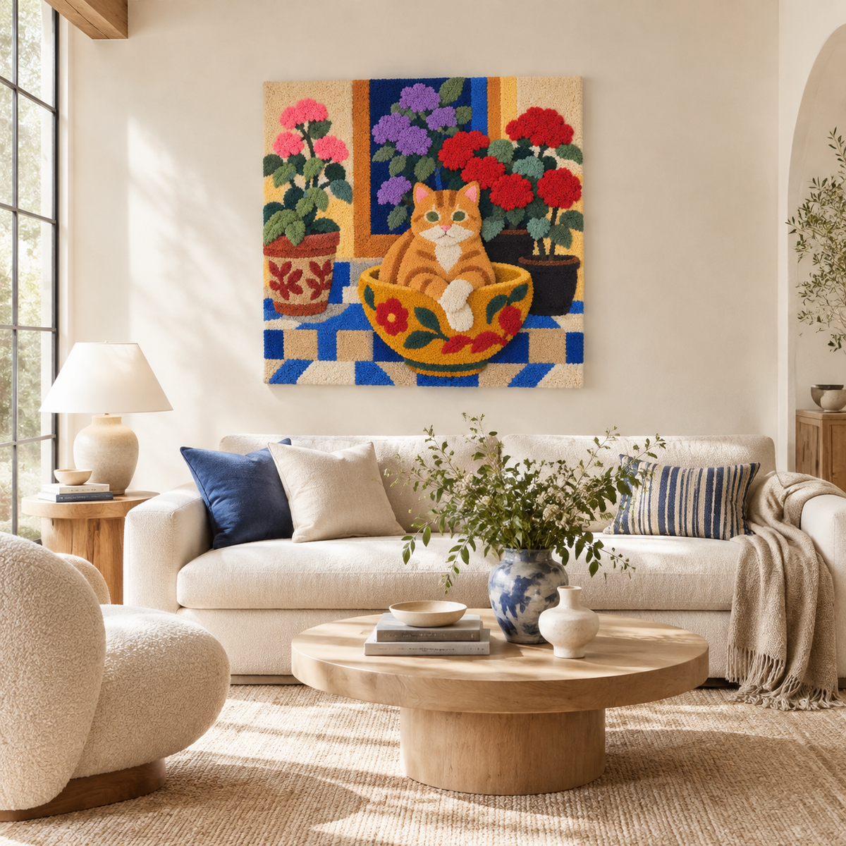 The Geranium Teacup Cat — front-facing room scene