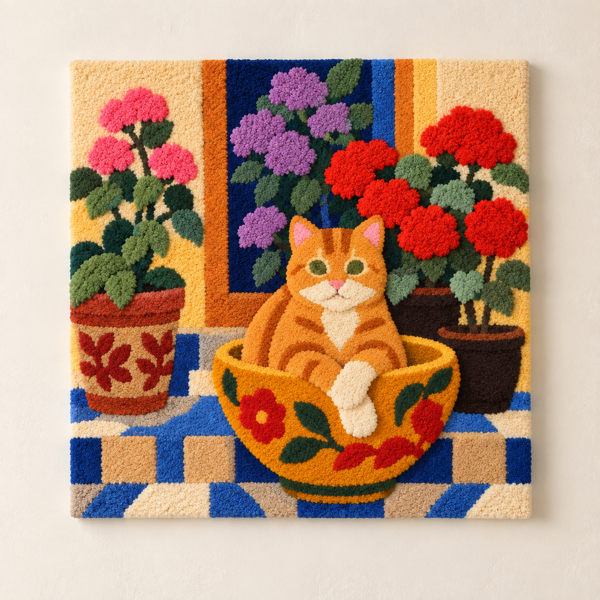 Hewn Earth wall art featuring The Geranium Teacup Cat illustration with vibrant floral design and whimsical feline details