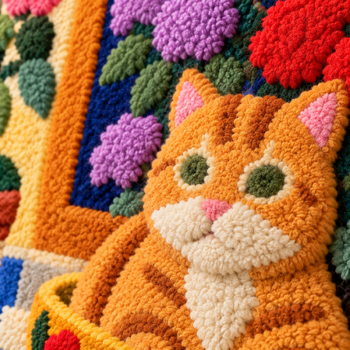 The Geranium Teacup Cat — tufted wool texture detail
