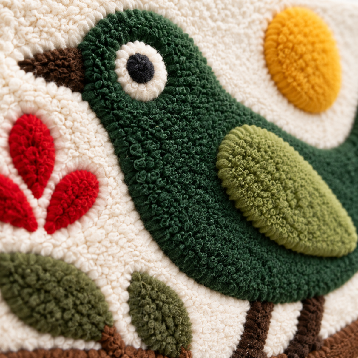 The Green Songbird Branch — tufted wool texture detail