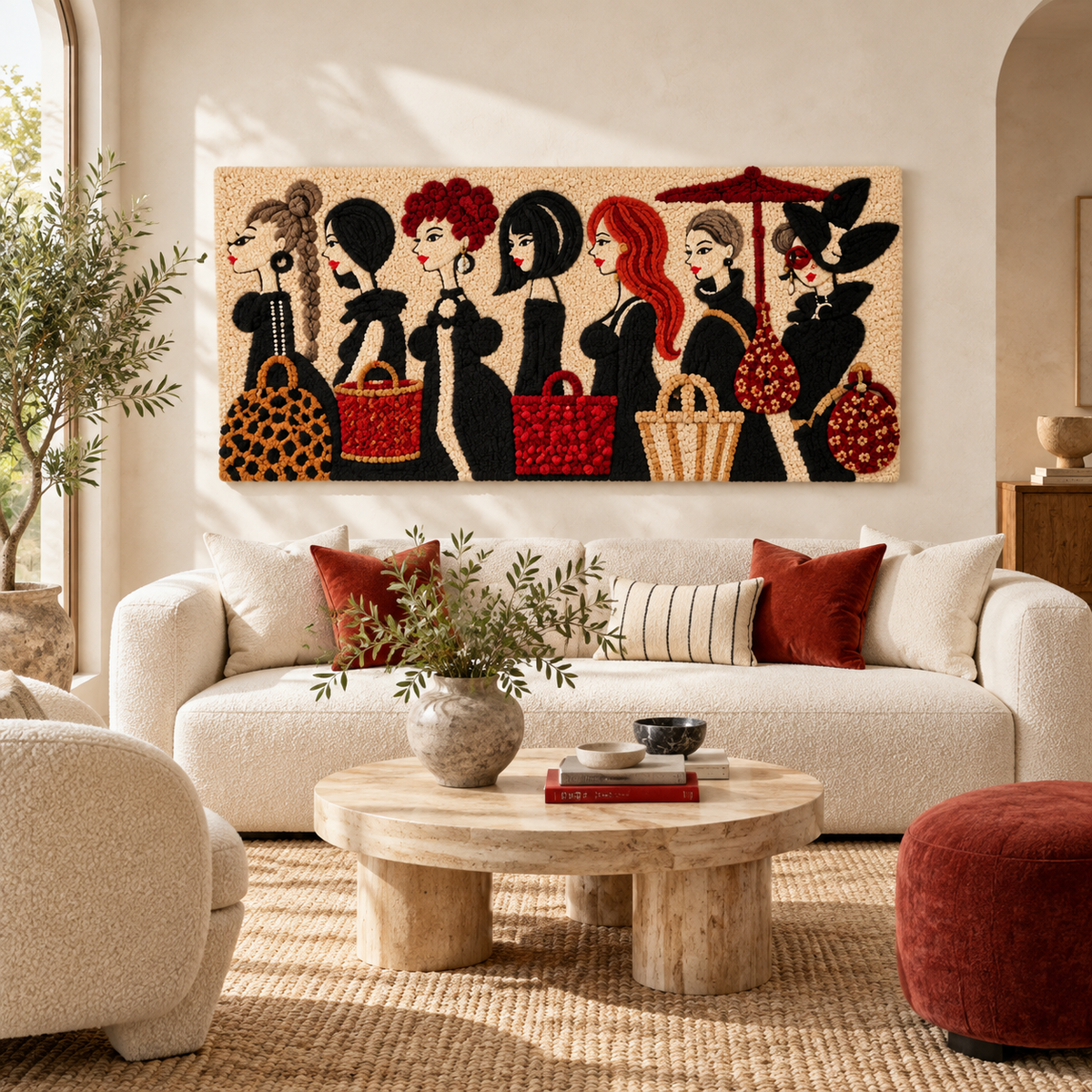 Hewn Earth Wall Art titled The Handbag Society featuring a stylish, modern room scene with decorative handbag artwork.