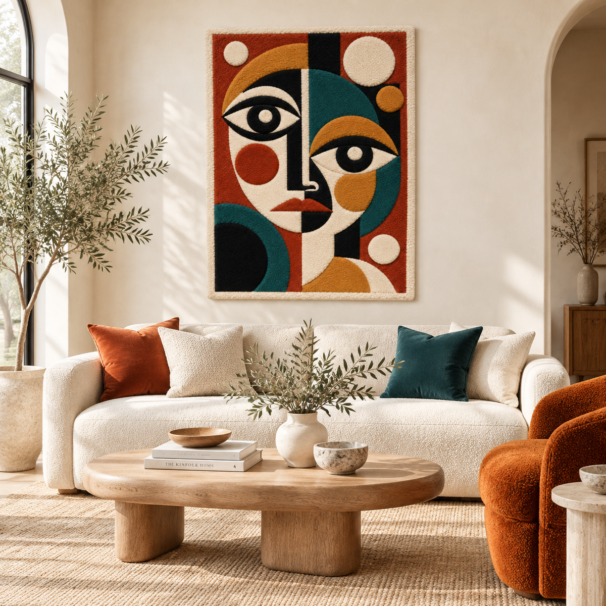 Hewn Earth wall art titled The Many-Sided Muse, featuring a multi-paneled abstract design displayed in a room setting.