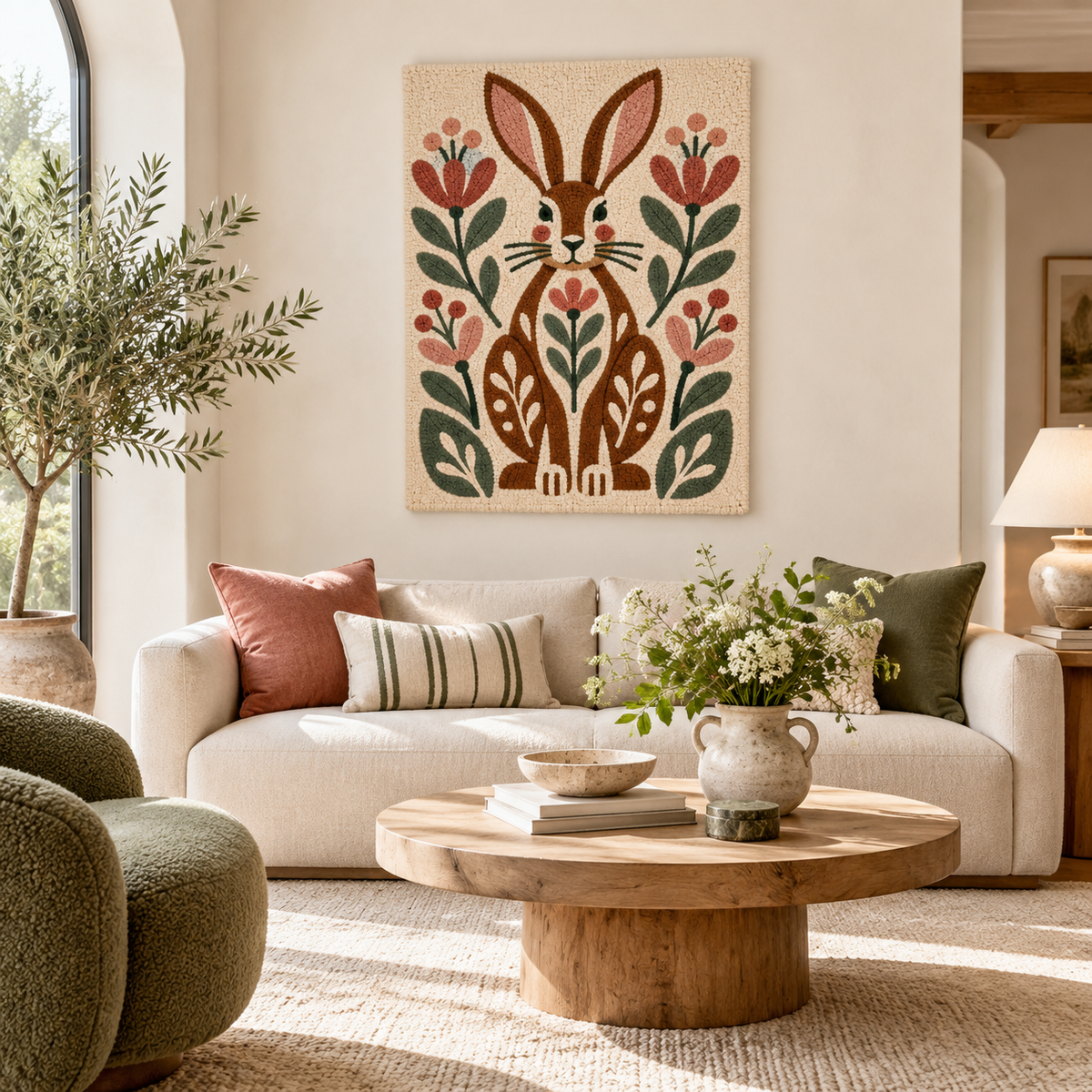 Hewn Earth Meadow Hare wall art featuring a detailed illustration of a hare in a meadow scene, suitable for home decor.