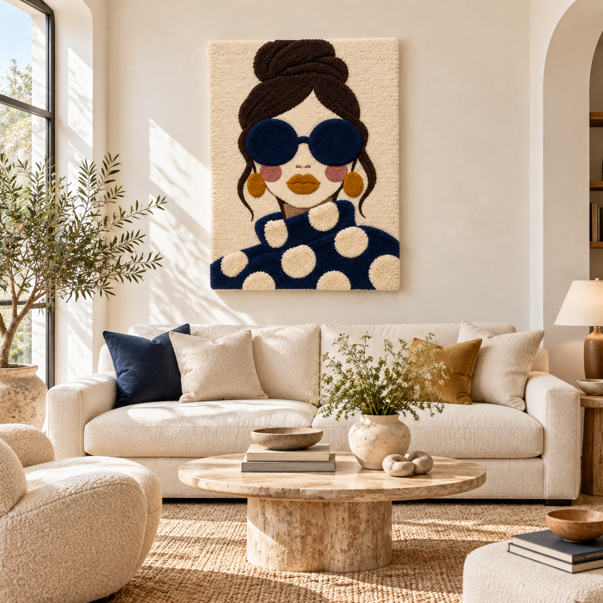 Hewn Earth wall art titled The Midnight Polka-Dot Muse featuring a dark background with white polka dots, displayed on a modern room wall.