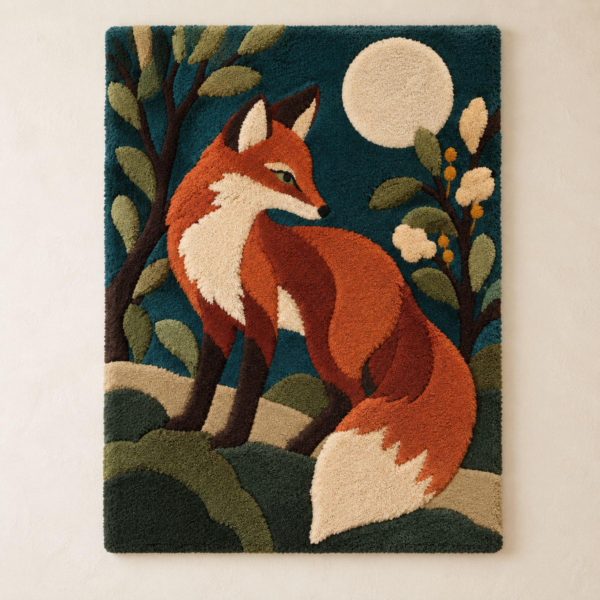 Hewn Earth Moonlit Fox Sentinel wall art featuring a mystical fox silhouette illuminated by moonlight against a dark background.