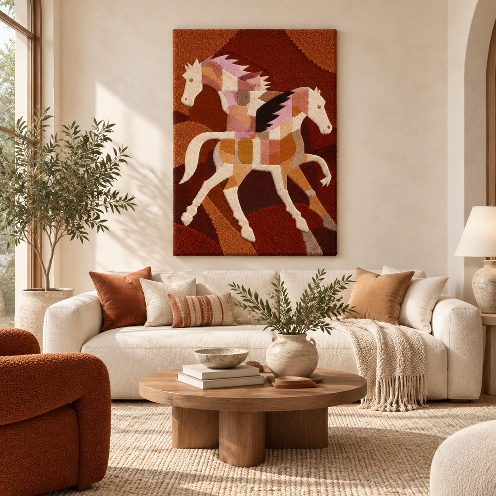 Hewn Earth Patchwork Pair wall art featuring two textured, colorful fabric panels displayed on a modern room wall.