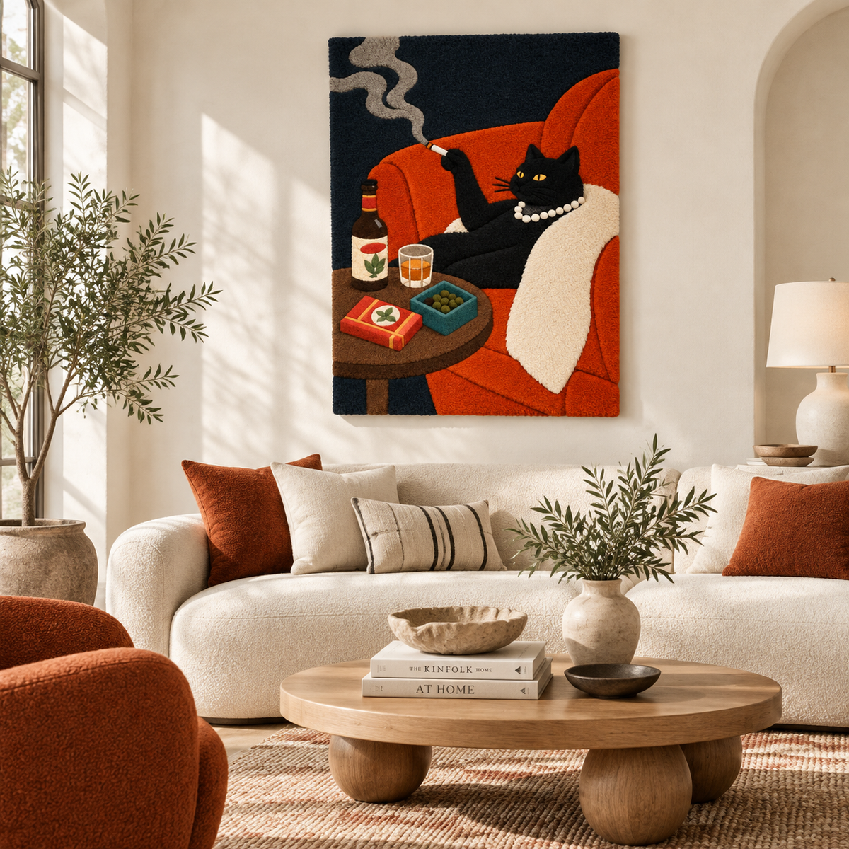 The Pearl Necklace Cat — front-facing room scene