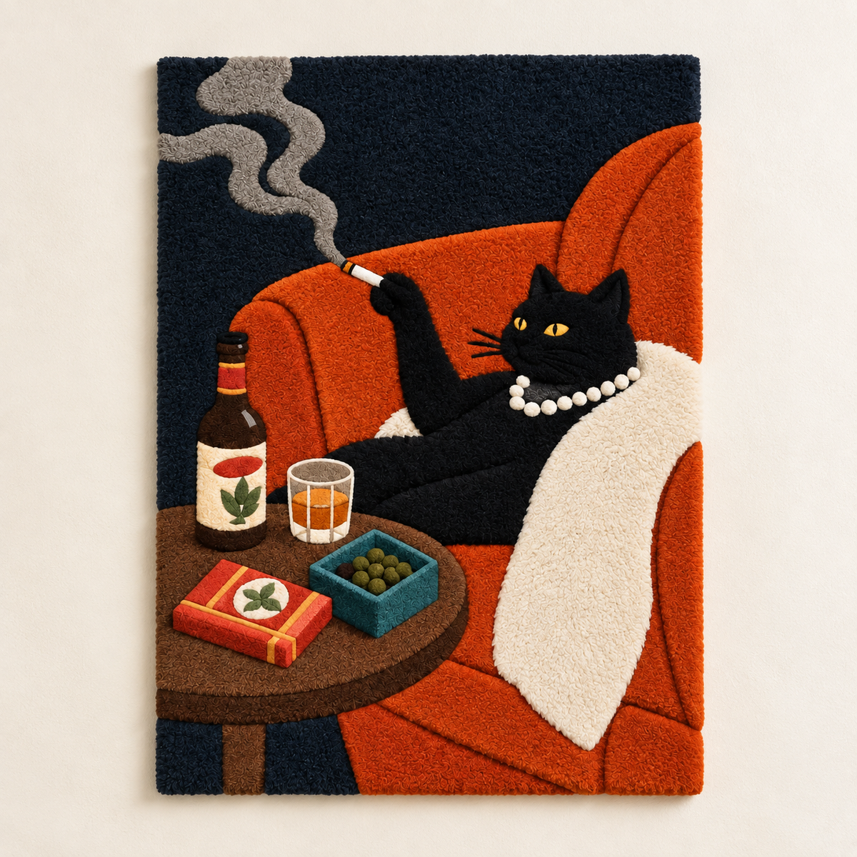Hewn Earth wall art featuring a cat with a pearl necklace, artistic illustration on a light background.