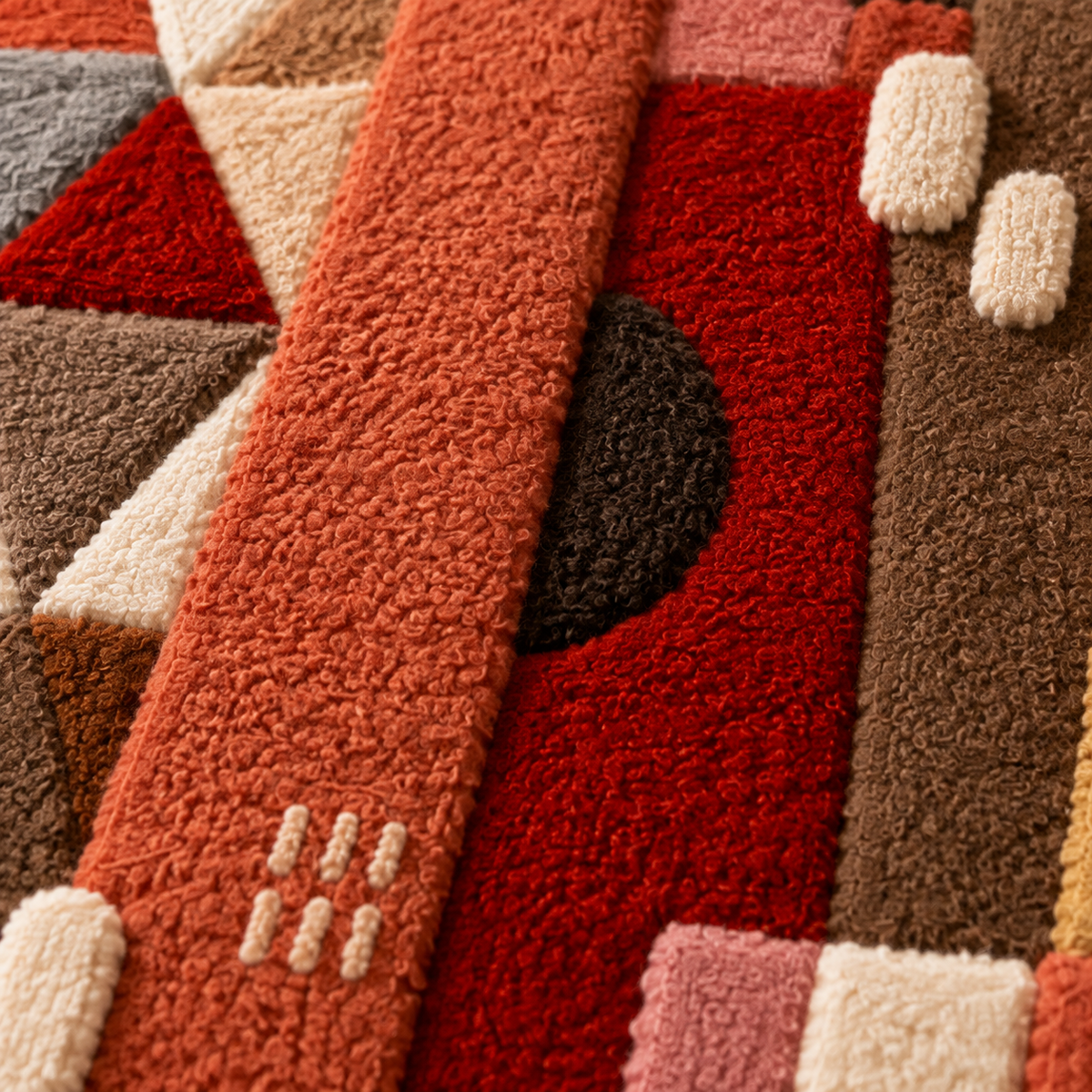 The Red Patchwork Study — tufted wool texture detail