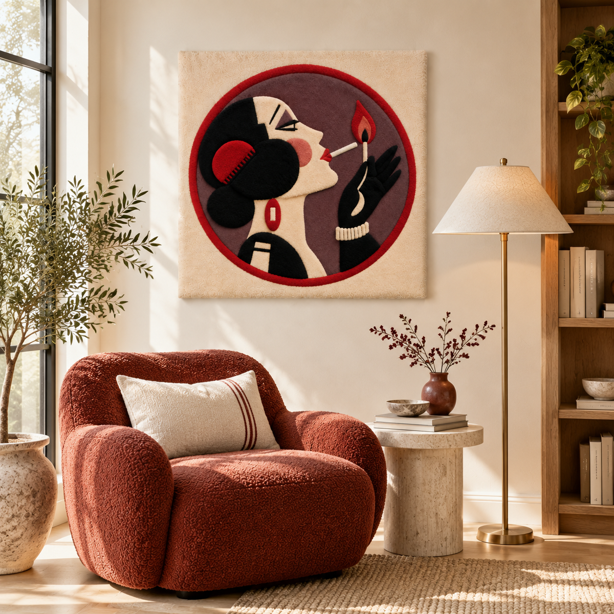 Hewn Earth The Ruby Matchlight Cameo wall art featuring a detailed cameo design in a room setting.