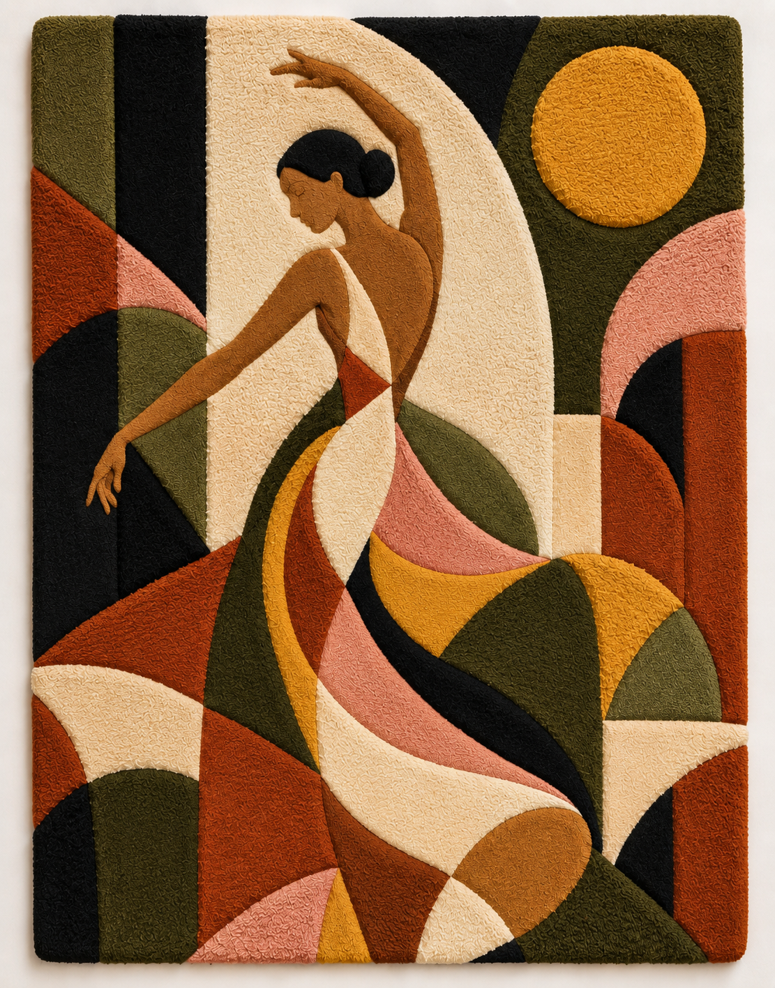 Close-up of "The Saffron Dancer" Hewn Earth wall art featuring vibrant saffron colors and intricate dance-inspired design.