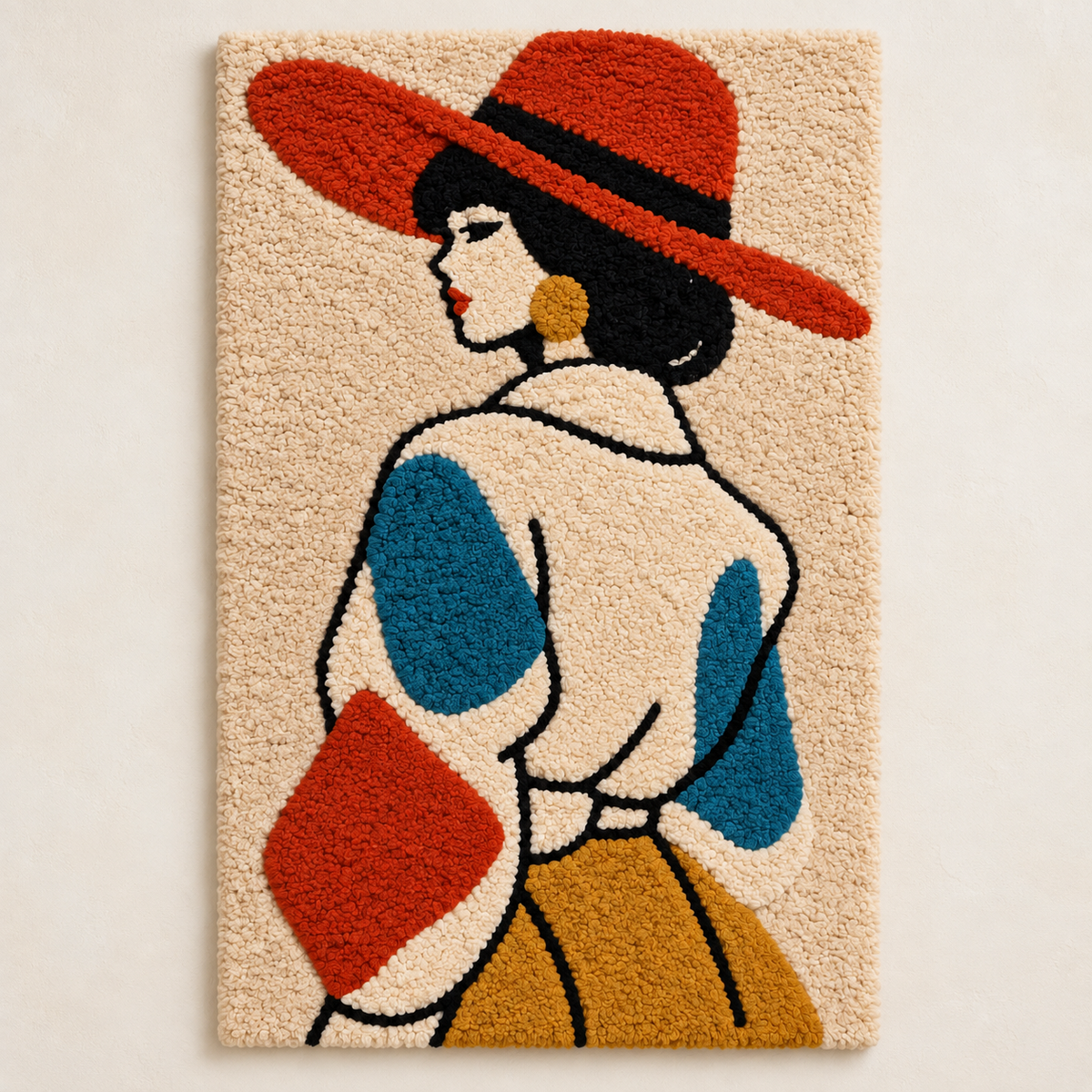Hewn Earth wall art titled The Scarlet Hat Turn featuring vibrant red and intricate design elements on a textured background.