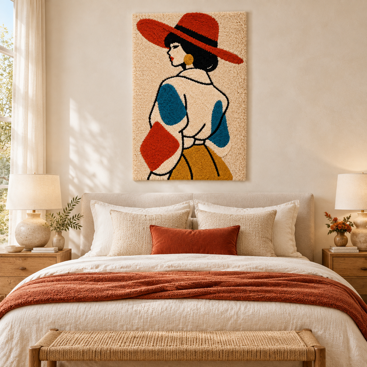 Hewn Earth wall art piece titled The Scarlet Hat Turn, featuring vibrant red and warm tones in a modern room setting.