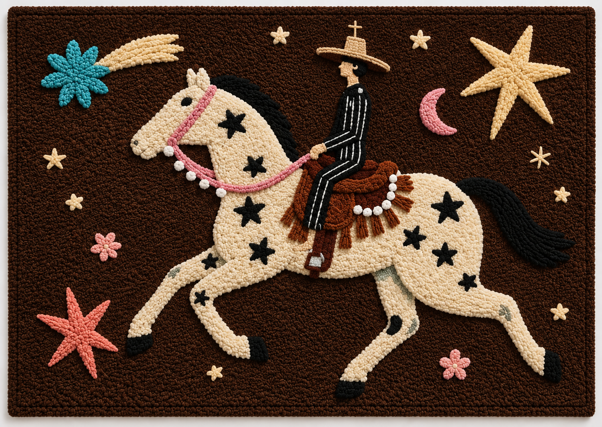 Hewn Earth wall art titled The Starbound Rider featuring a detailed illustration of a rider on a celestial-themed background.