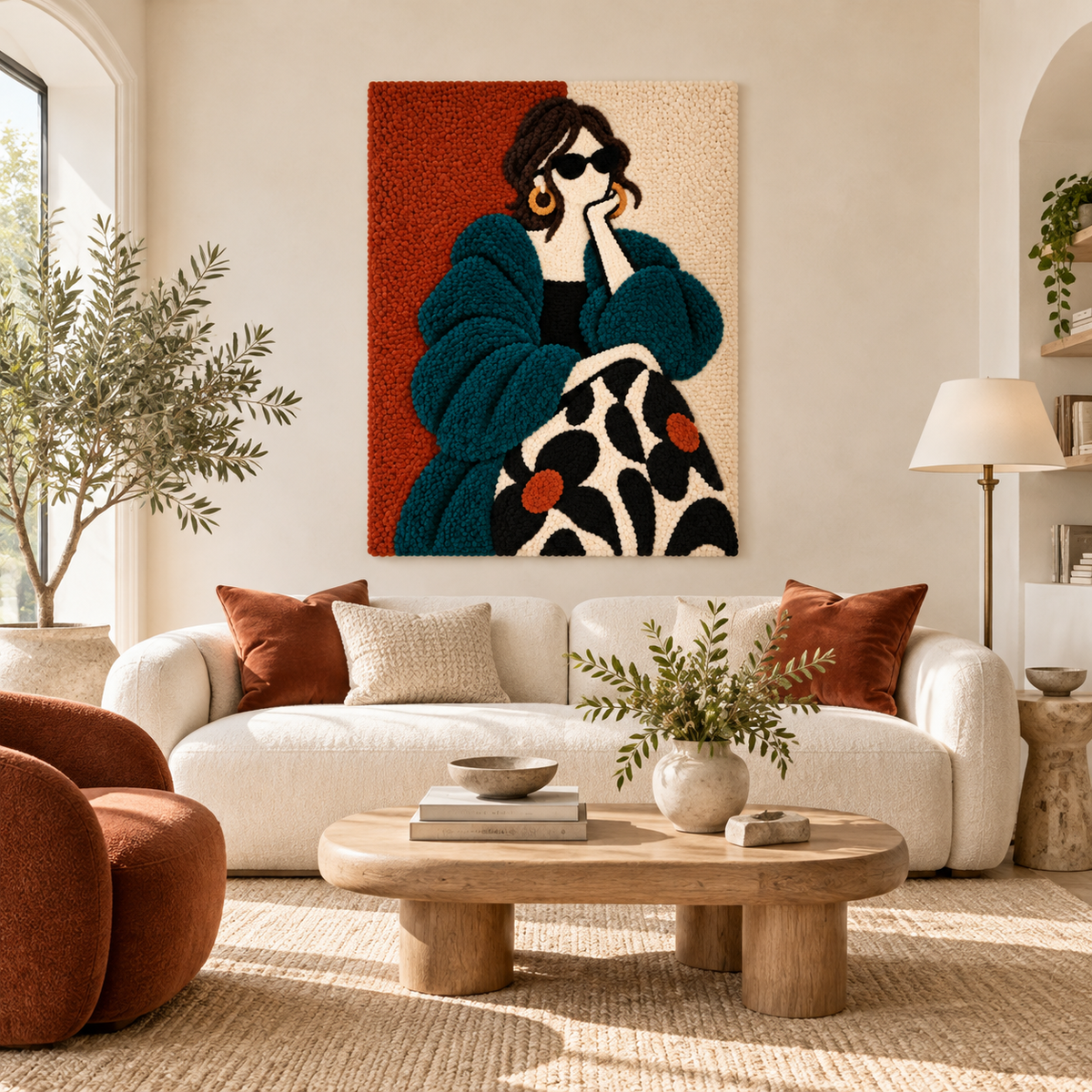 Hewn Earth The Teal Daydream wall art featuring abstract teal and beige design hanging on a modern living room wall.
