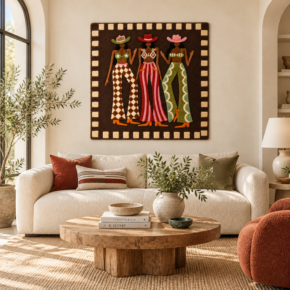 Hewn Earth Western Chorus wall art featuring a scenic western landscape with mountains and trees, ideal for rustic home decor.