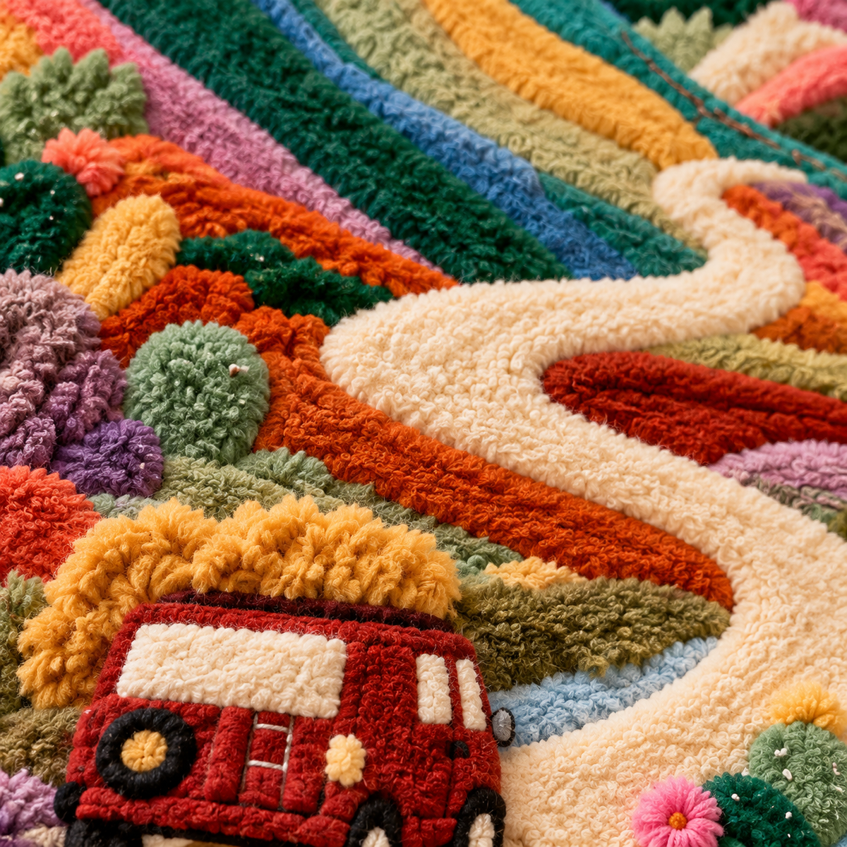 The Winding Mountain Road — tufted wool texture detail