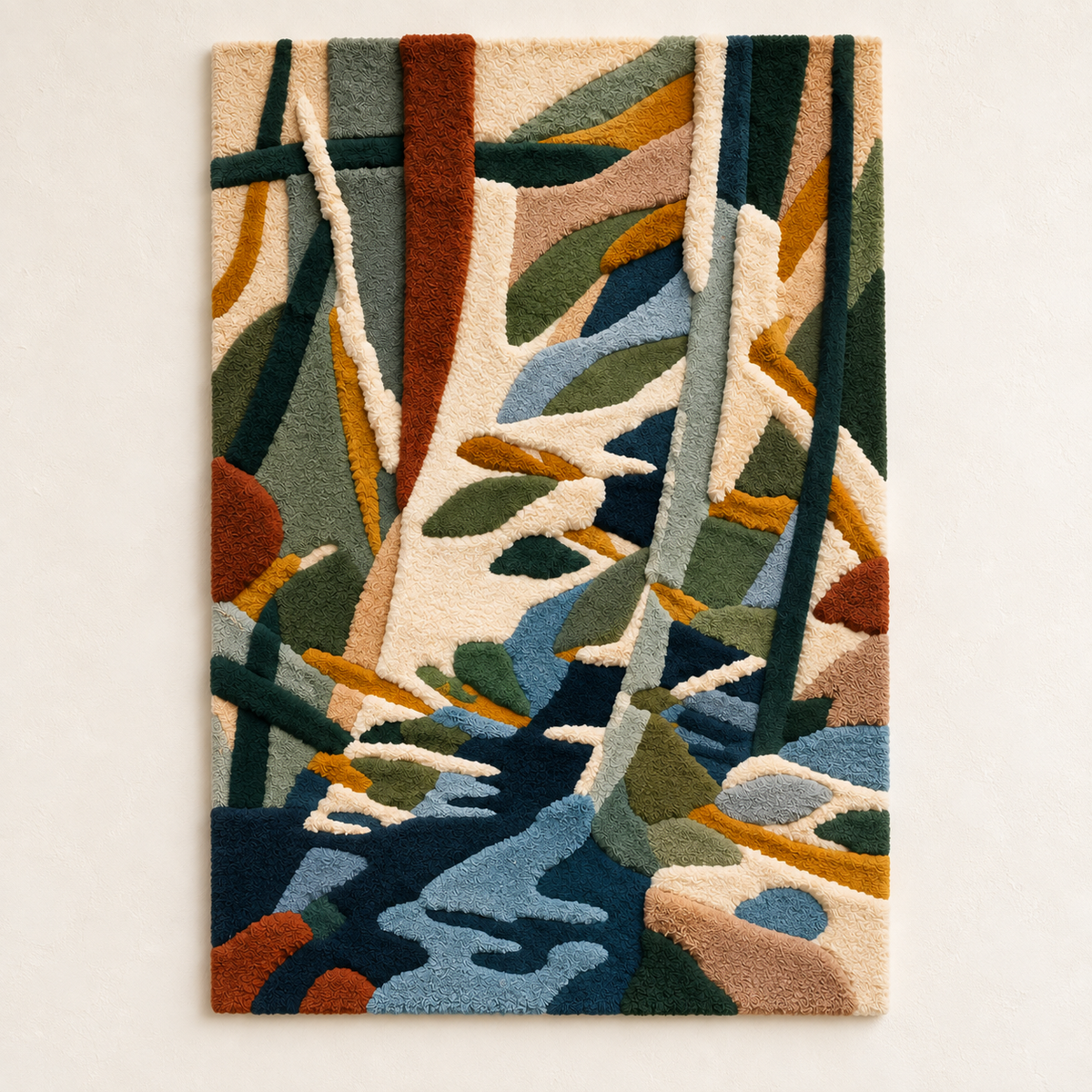 Hewn Earth Woodland Waterway wall art featuring a serene woodland scene with a gentle waterway and lush trees.
