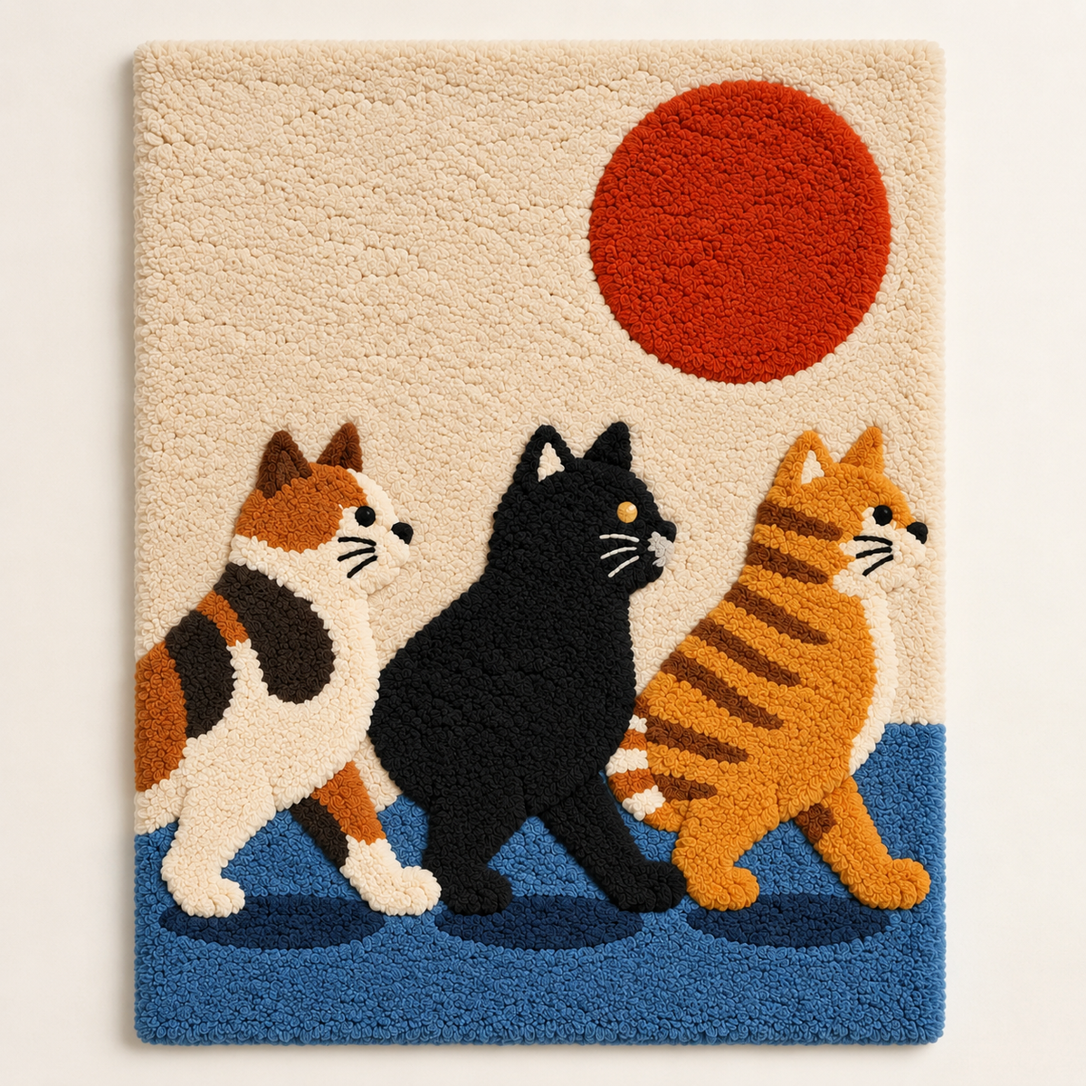 Hewn Earth wall art featuring three cats walking under a red sun, vibrant and artistic feline wall decor for home.