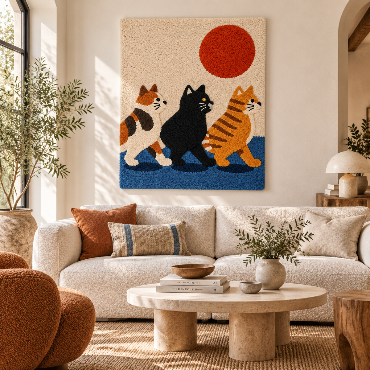 Hewn Earth wall art featuring three cats under a red sun, designed for room decor with vibrant, artistic feline imagery.