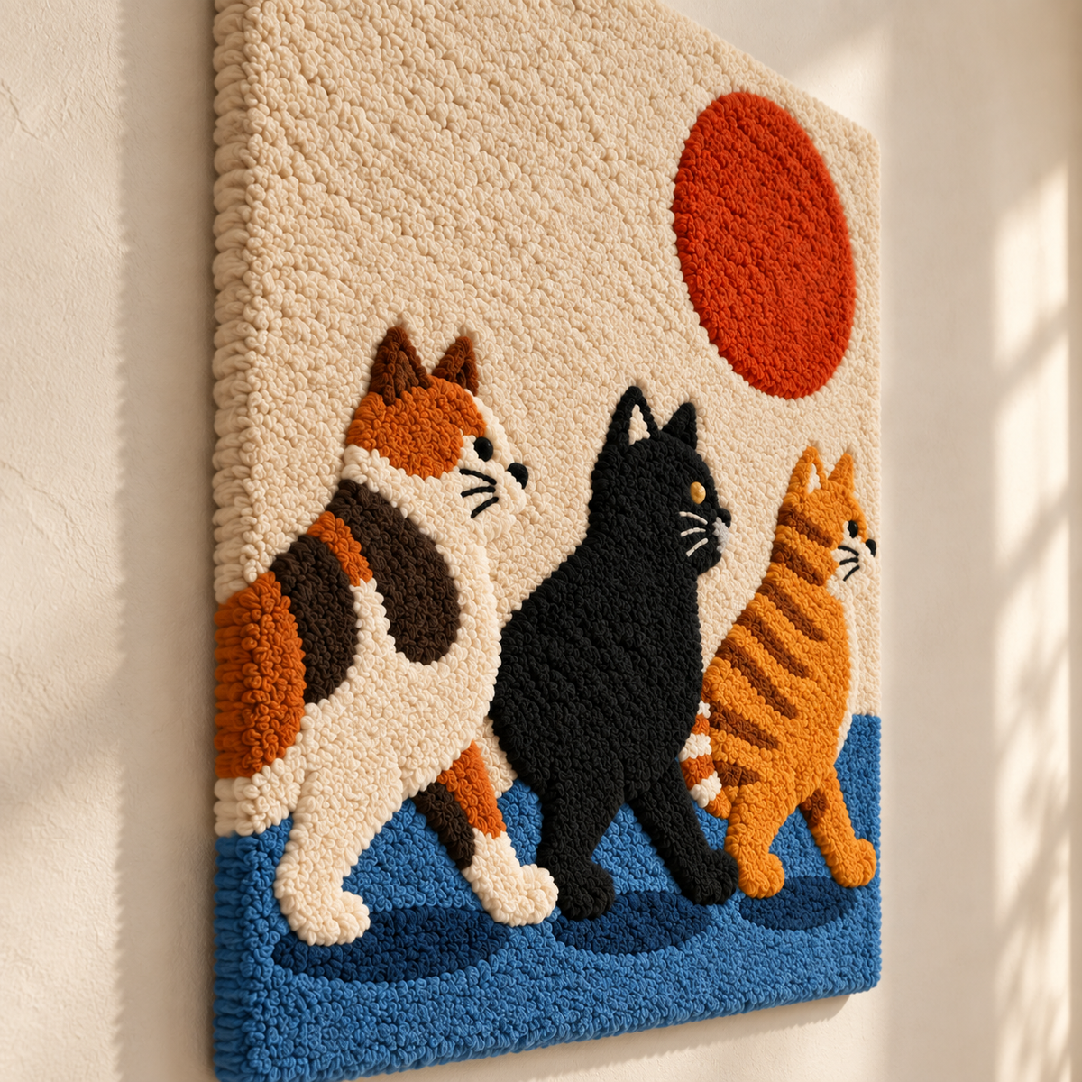 Hewn Earth wall art featuring three cats walking under a red sun, displayed from an angled side view.