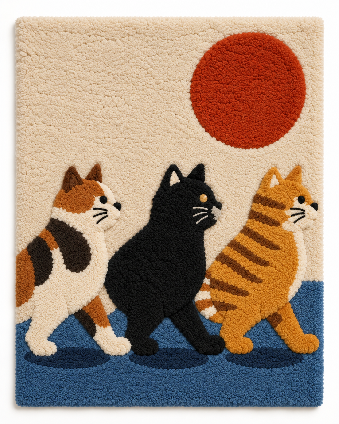 Hewn Earth wall art featuring three cats walking under a red sun, vibrant and artistic wall decor for cat and nature lovers.