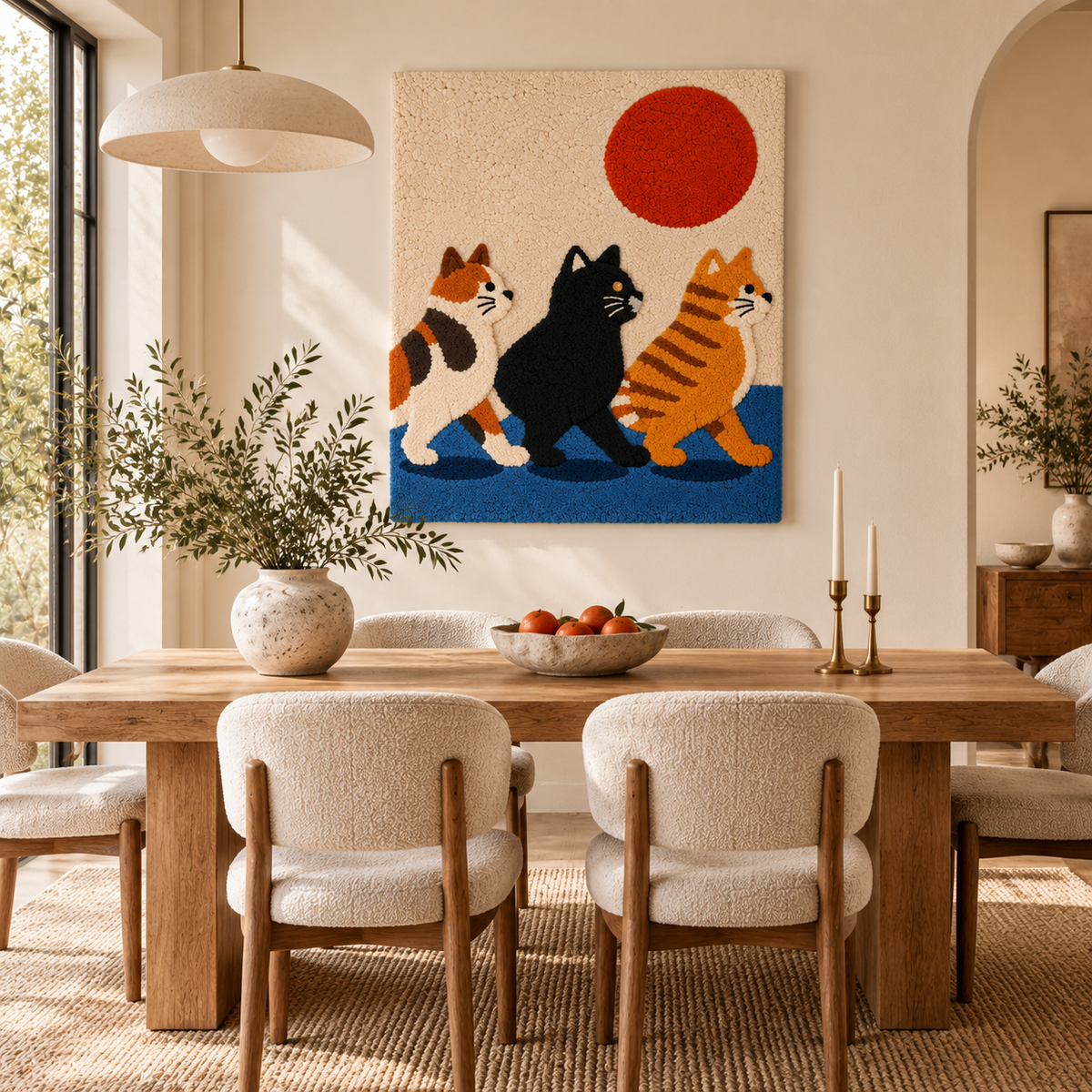 Hewn Earth wall art featuring three cats under a red sun, displayed in a cozy room scene.