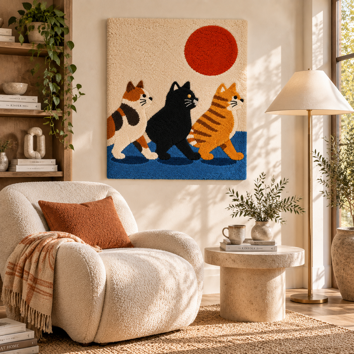 Hewn Earth wall art featuring three cats under a red sun, displayed in a cozy room scene.