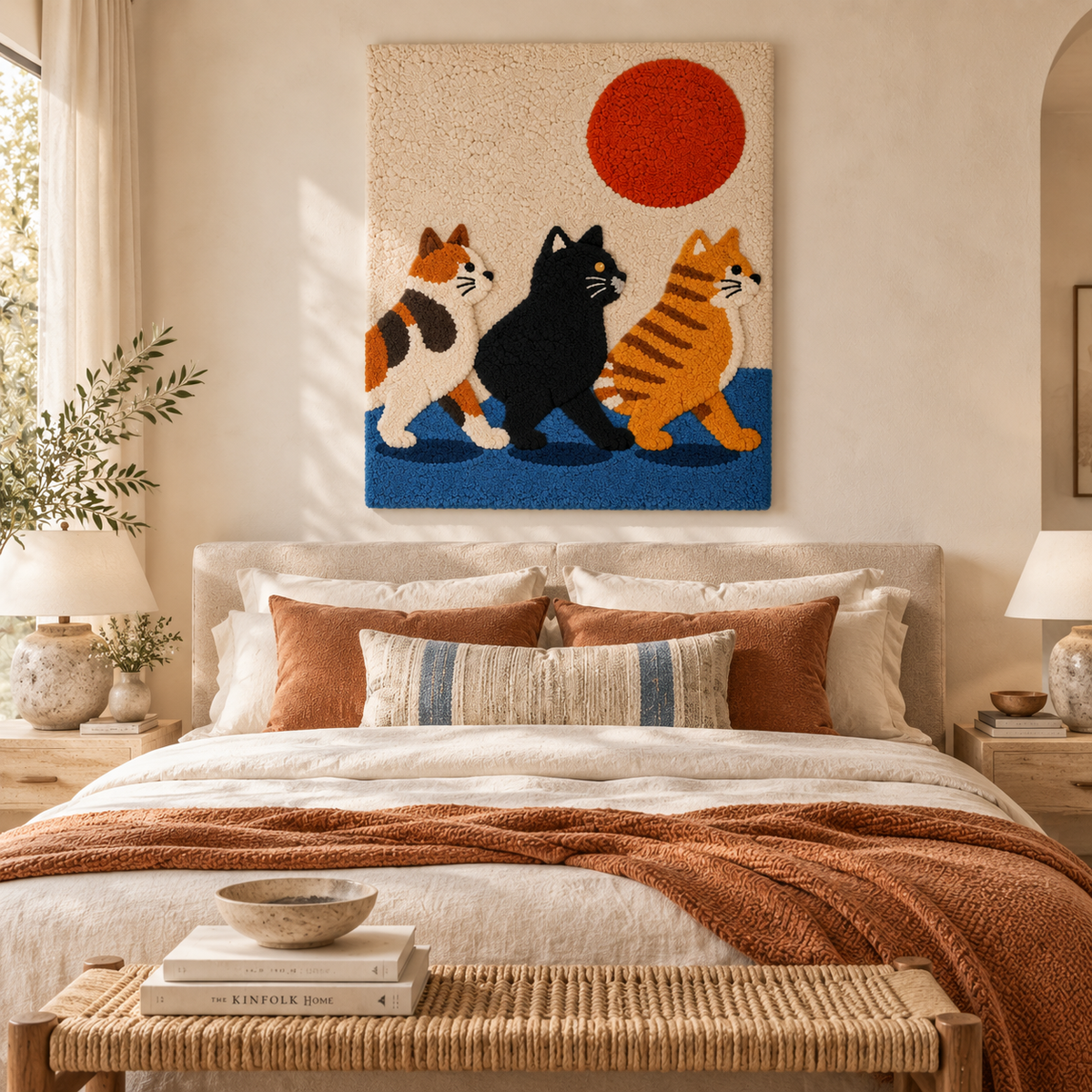 Hewn Earth wall art featuring three cats under a red sun in a vibrant, colorful room scene.