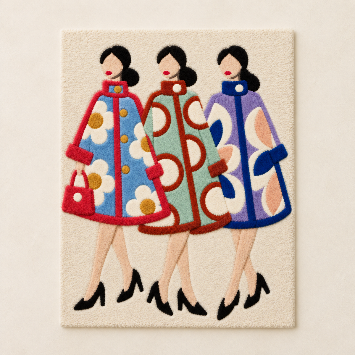Colorful wall art titled Three Coats Promenade by Hewn Earth, featuring vibrant coats in a lively outdoor scene.