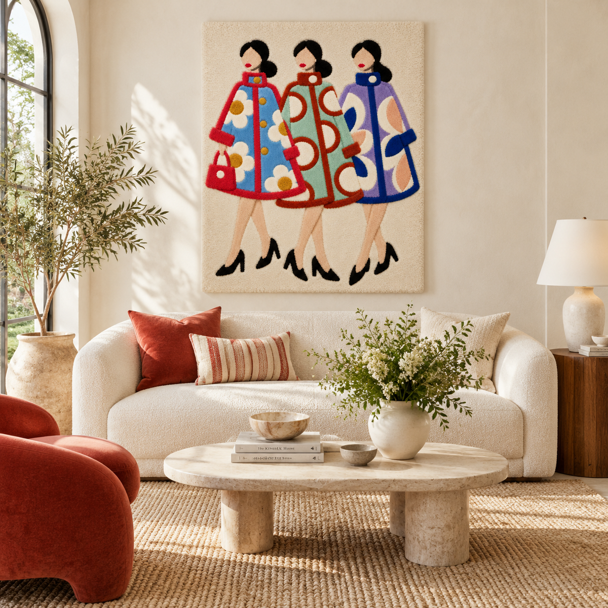 Colorful wall art titled "Three Coats Promenade" by Hewn Earth featuring vibrant coats displayed on a city street scene.