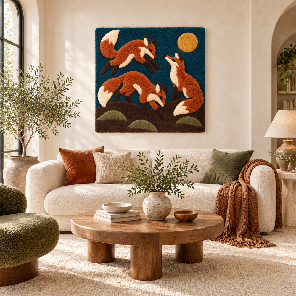 Three Foxes Under the Moon — front-facing room scene