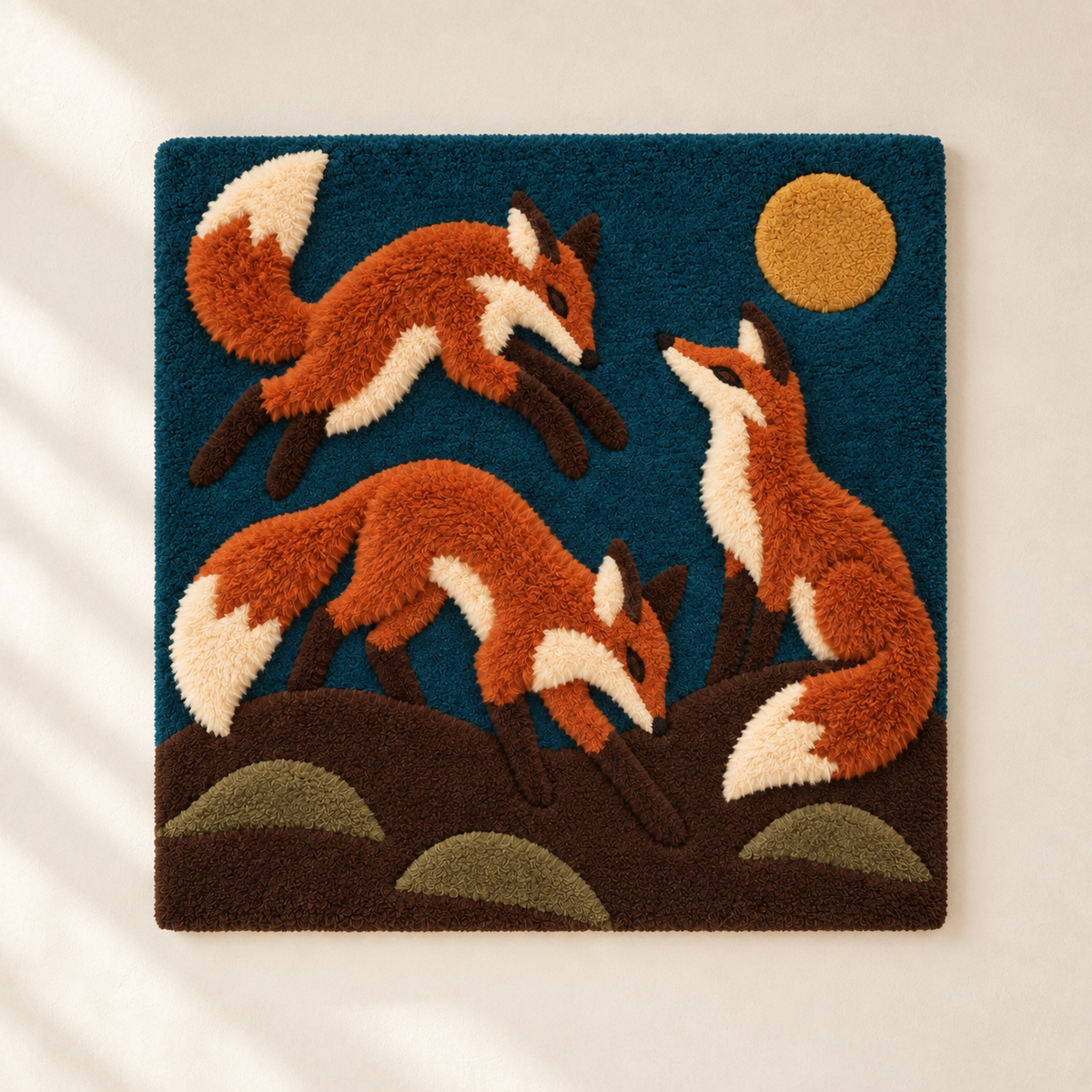 Hewn Earth wall art featuring three foxes sitting under a glowing moon, with a dark, serene night sky background.