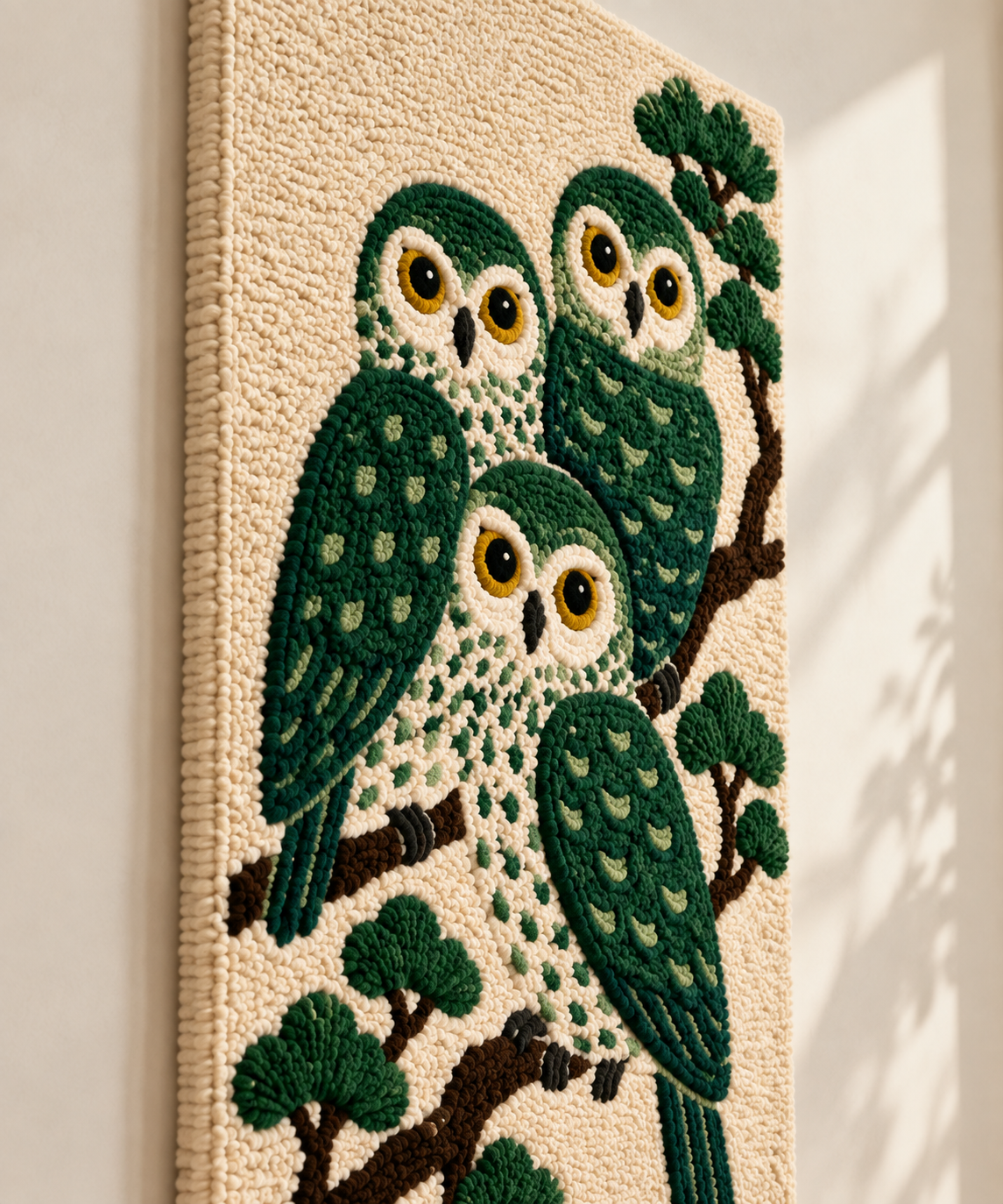 Three Owls in Evergreen — angled relief view
