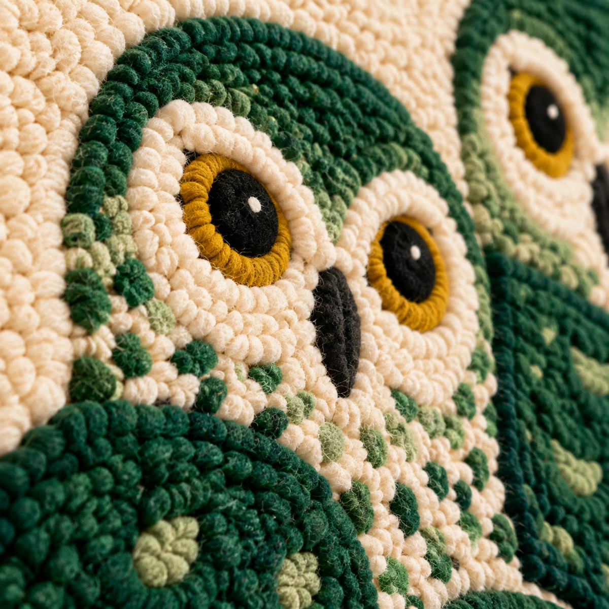 Three Owls in Evergreen — tufted wool texture detail