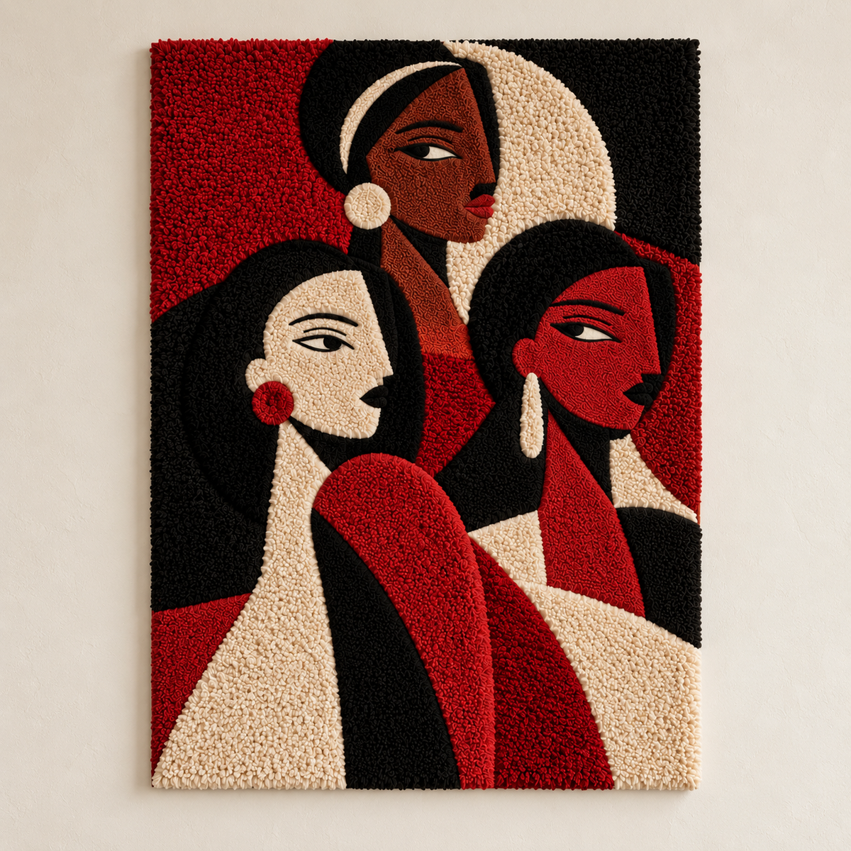 Hewn Earth wall art featuring three sisters in vibrant scarlet tones, displayed against a textured background.