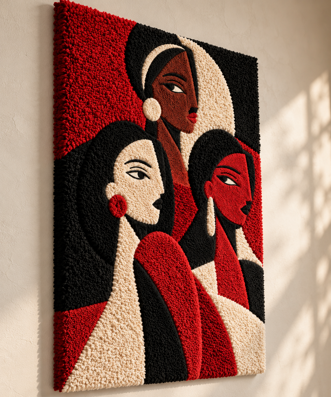 Hewn Earth wall art depicting three sisters in scarlet with vibrant colors and detailed brushwork on canvas.