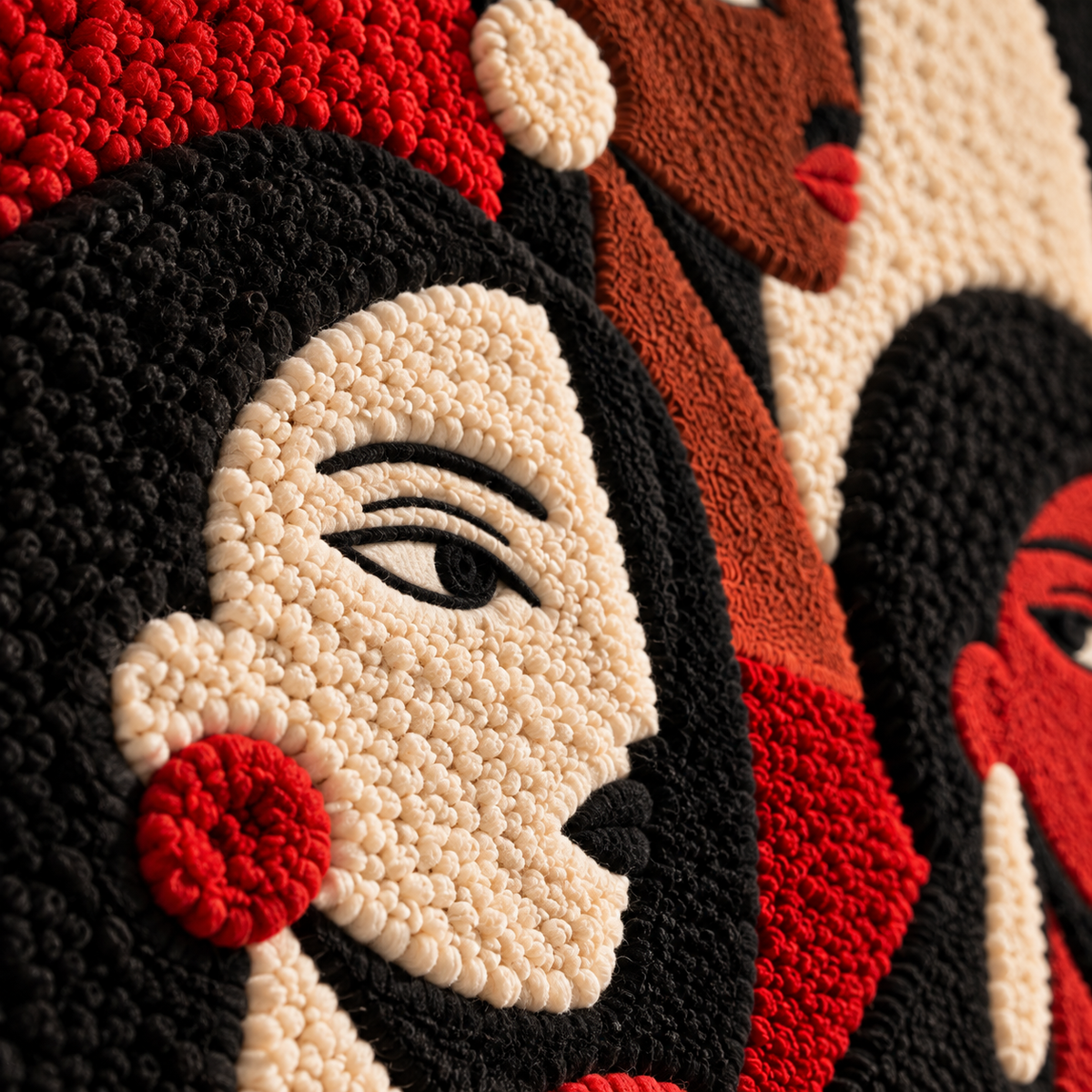 Detail of Hewn Earth wall art featuring three sisters in vibrant scarlet, showcasing rich colors and intricate design elements.