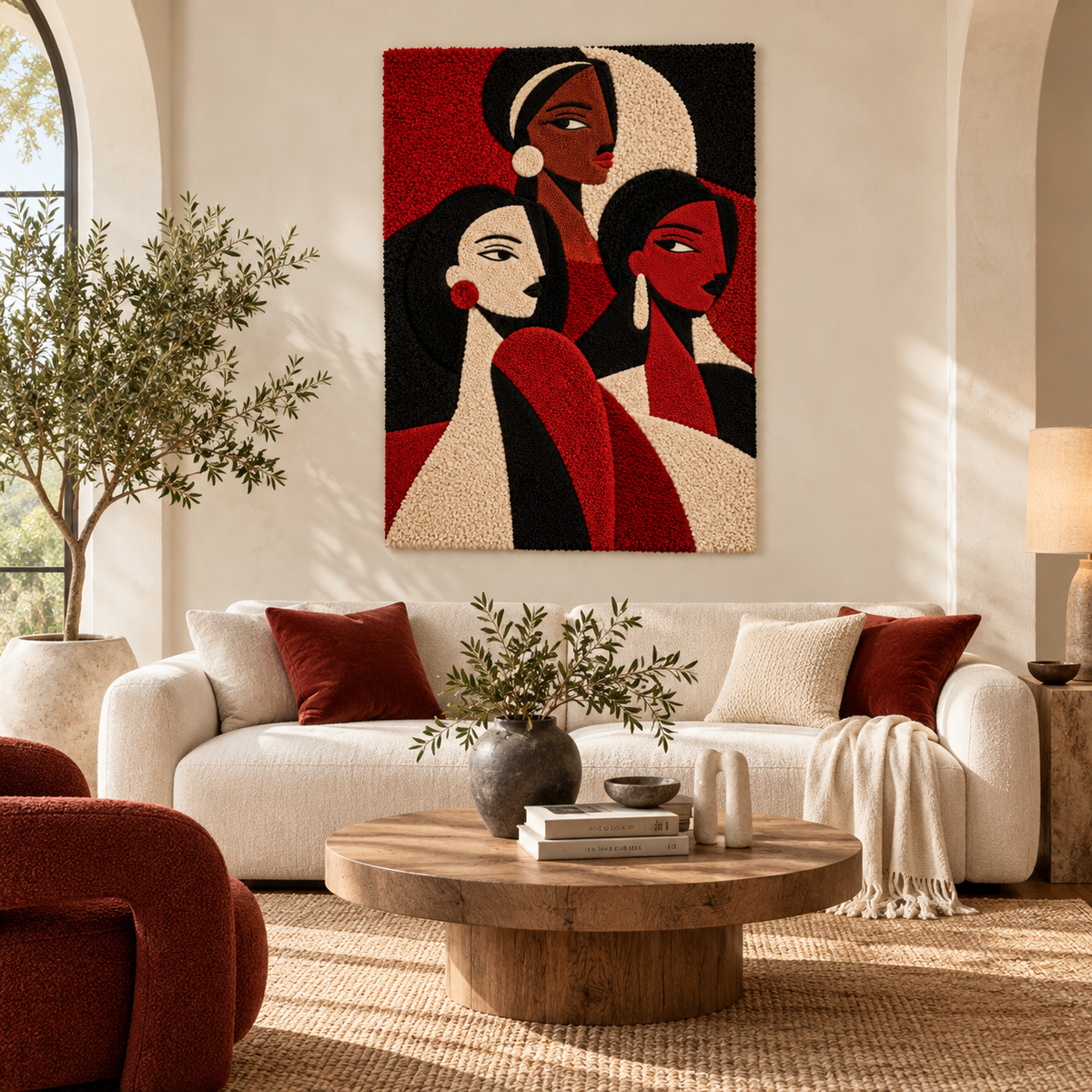 Hewn Earth wall art titled "Three Sisters in Scarlet" featuring vibrant red and orange abstract representations of three women.