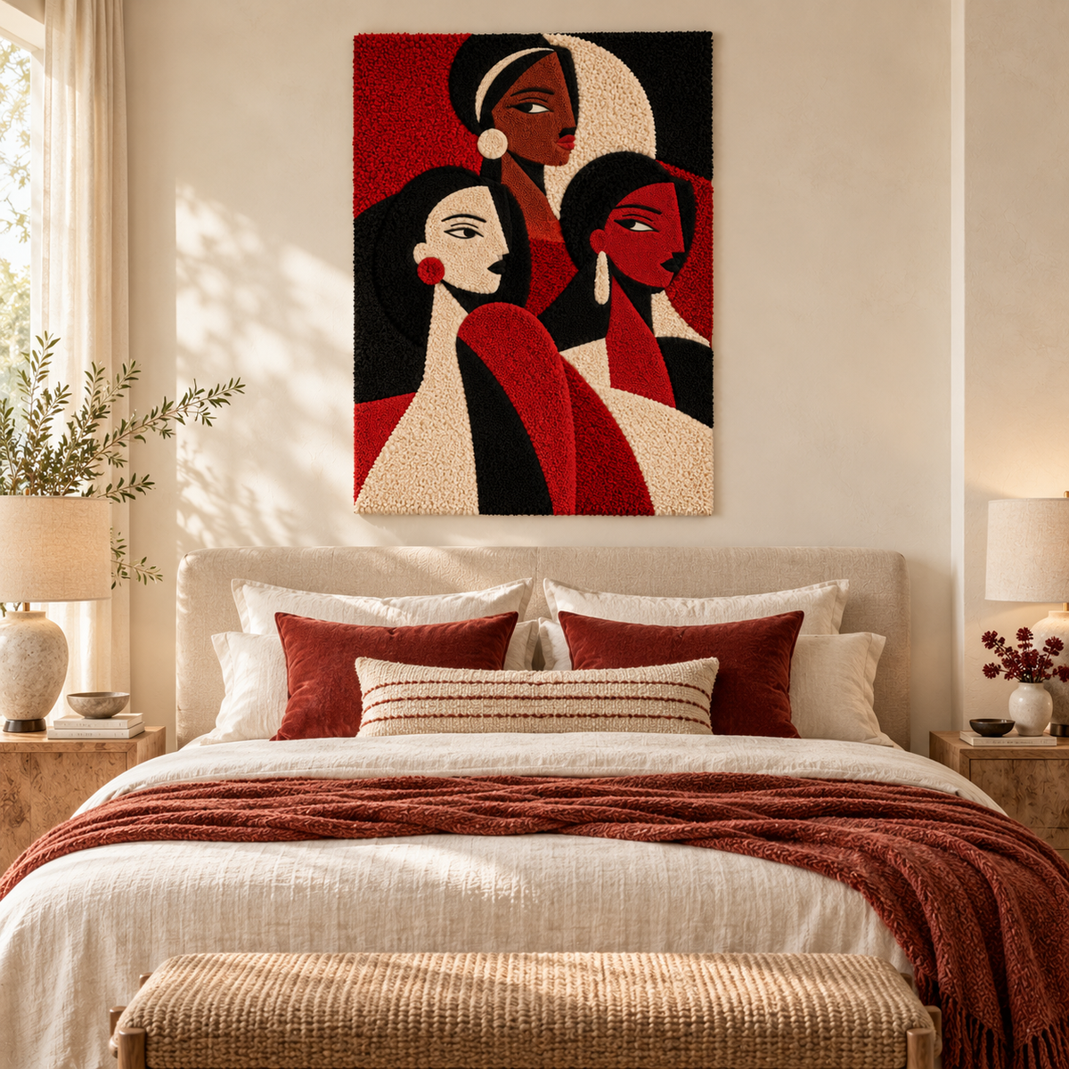 Hewn Earth wall art titled Three Sisters in Scarlet, featuring vibrant red and earthy tones, displayed on a room wall.