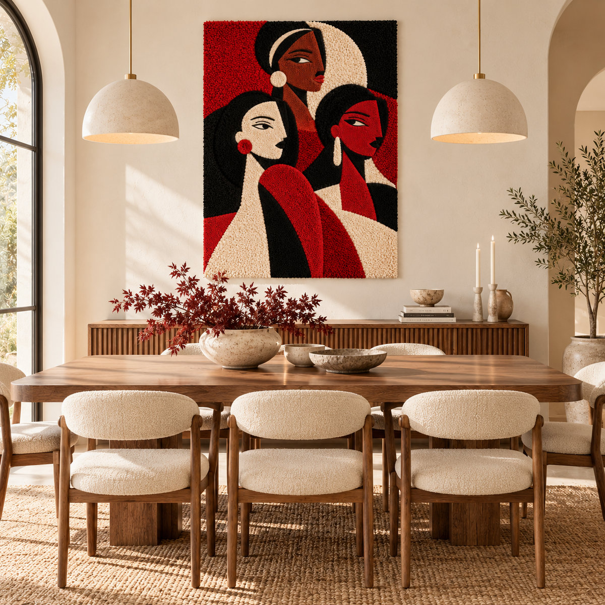 Hewn Earth wall art titled "Three Sisters in Scarlet" depicting three women in vibrant red dresses on a wall.