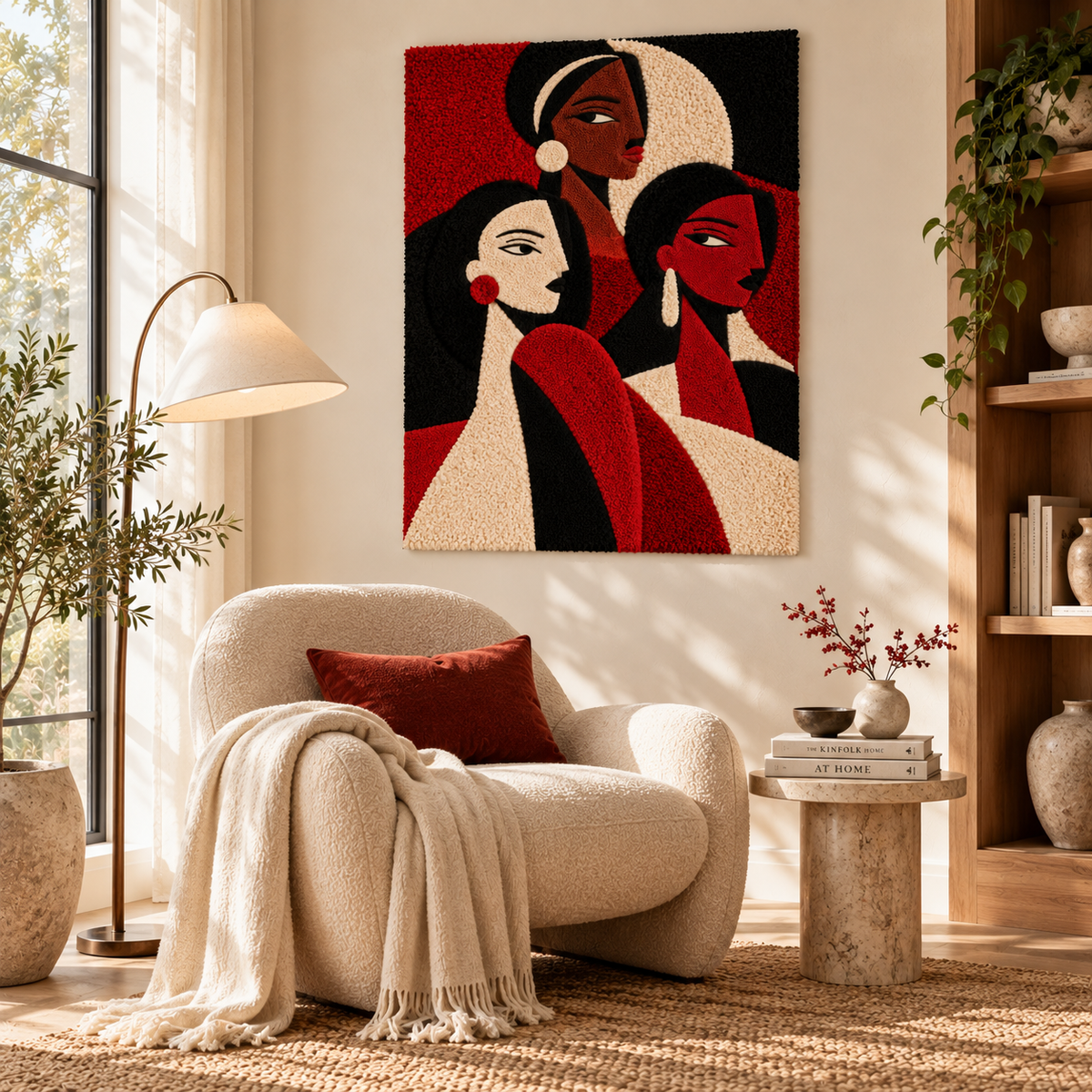 Hewn Earth wall art titled "Three Sisters in Scarlet" featuring vibrant red-hued abstract sister figures on a neutral background.